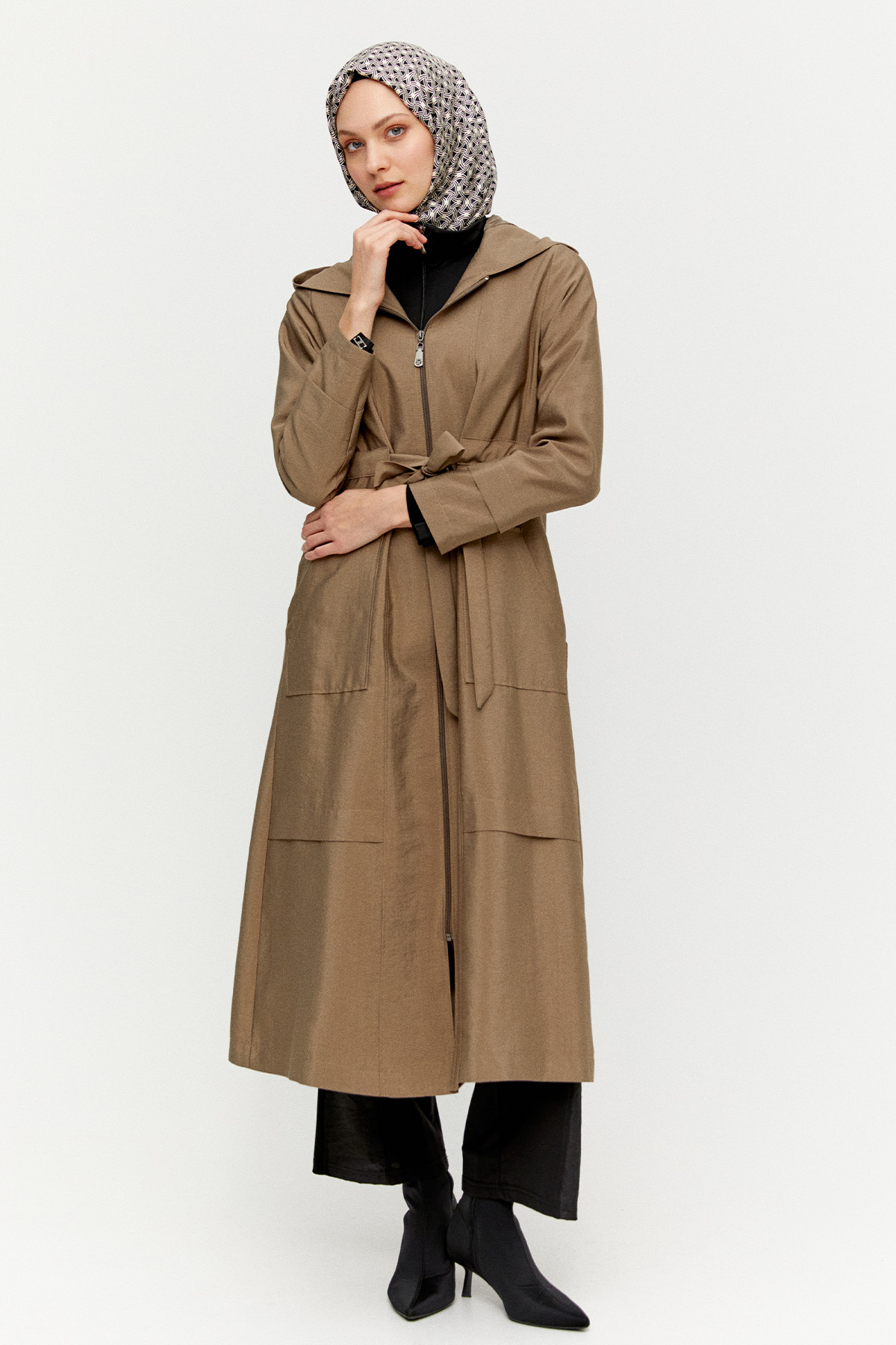 Kapüşonlu Kuşaklı Cepli Pardösü