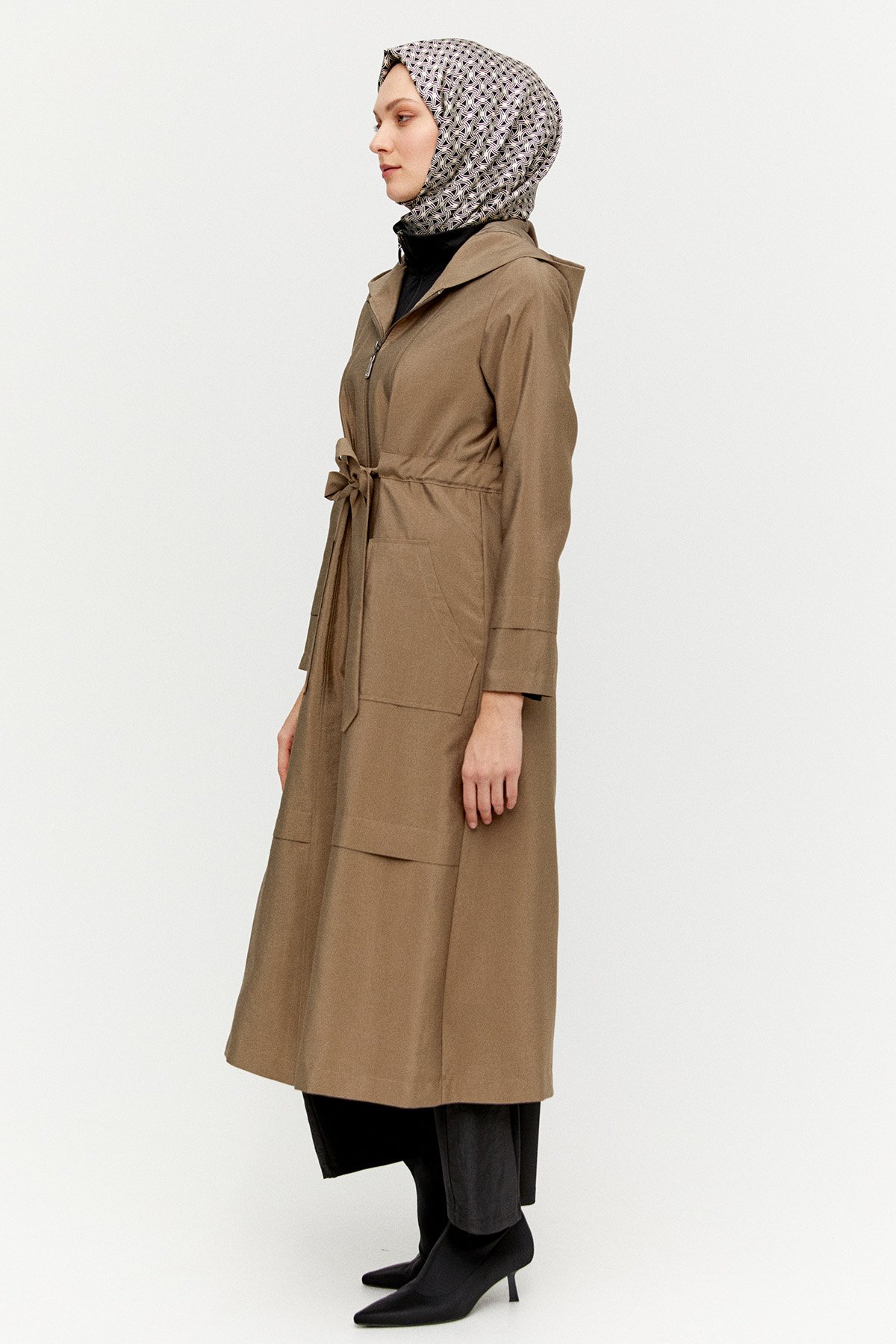 Kapüşonlu Kuşaklı Cepli Pardösü