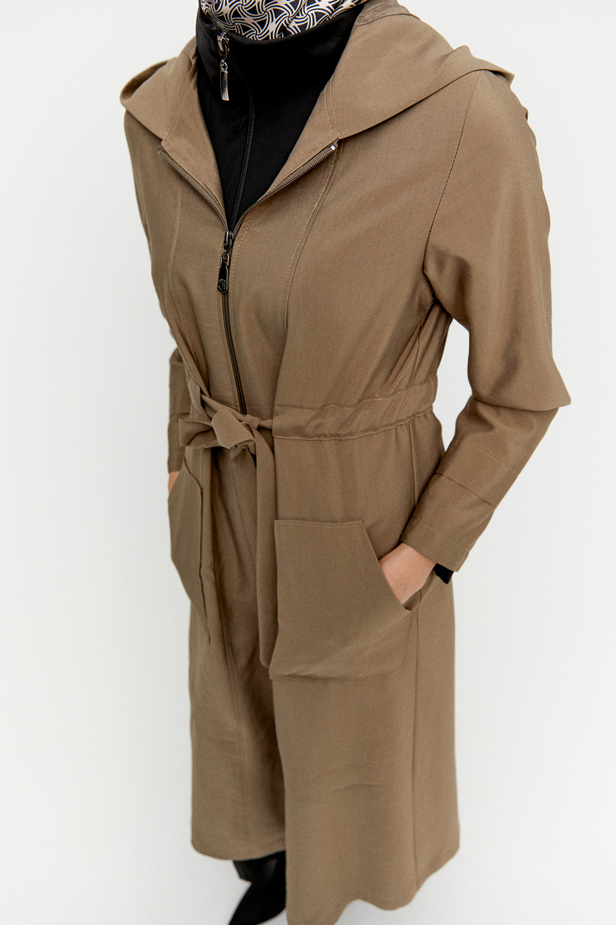 Kapüşonlu Kuşaklı Cepli Pardösü