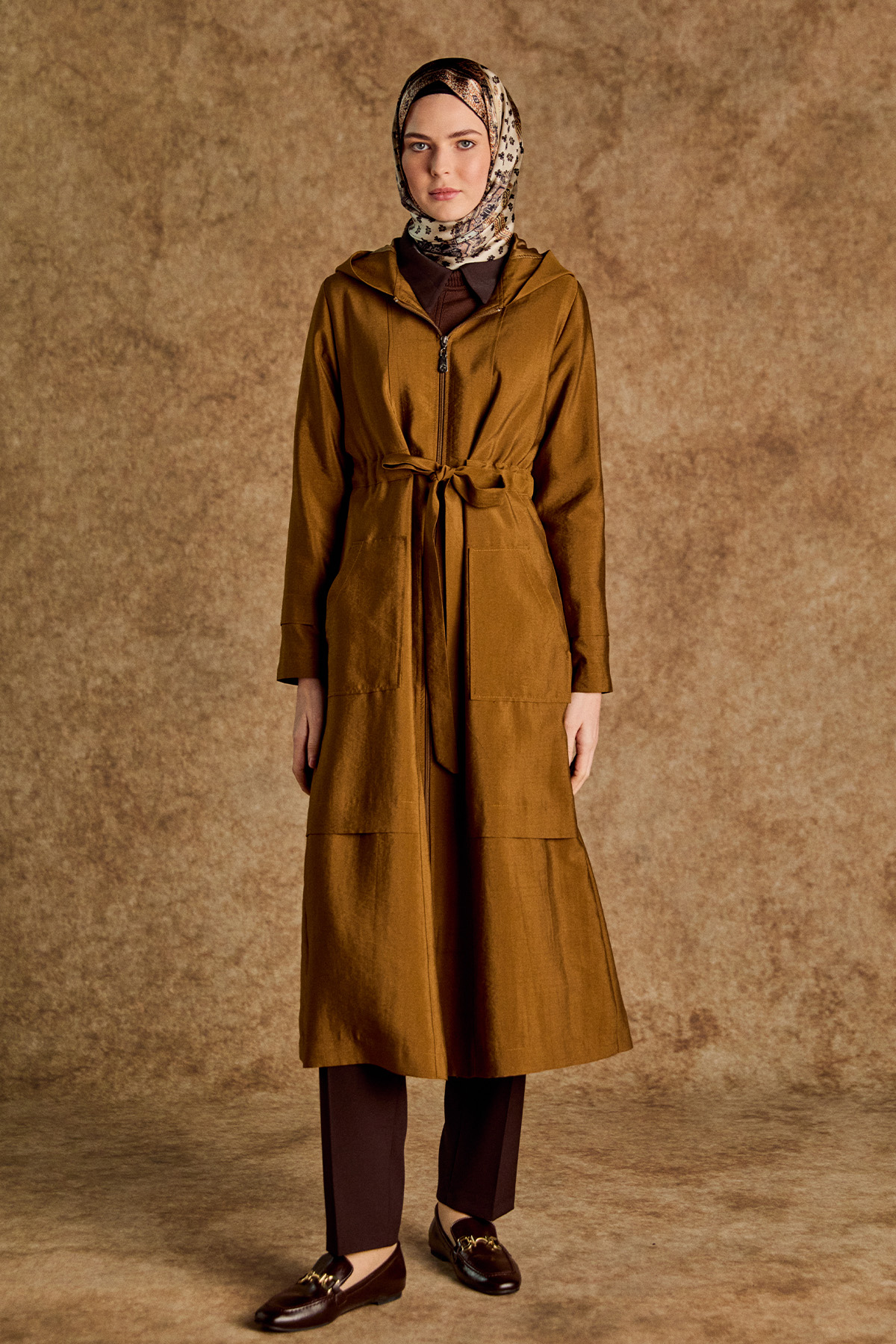 Kapüşonlu Kuşaklı Cepli Pardösü