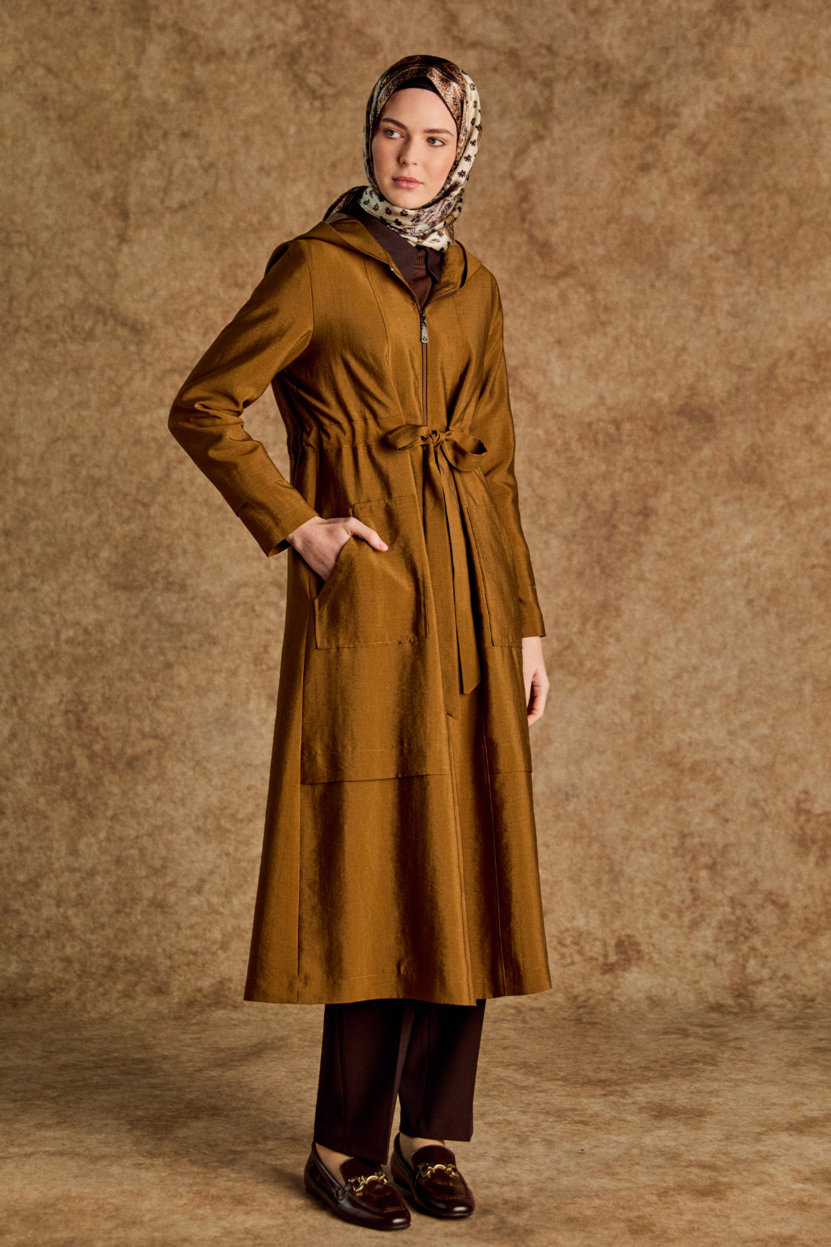 Kapüşonlu Kuşaklı Cepli Pardösü