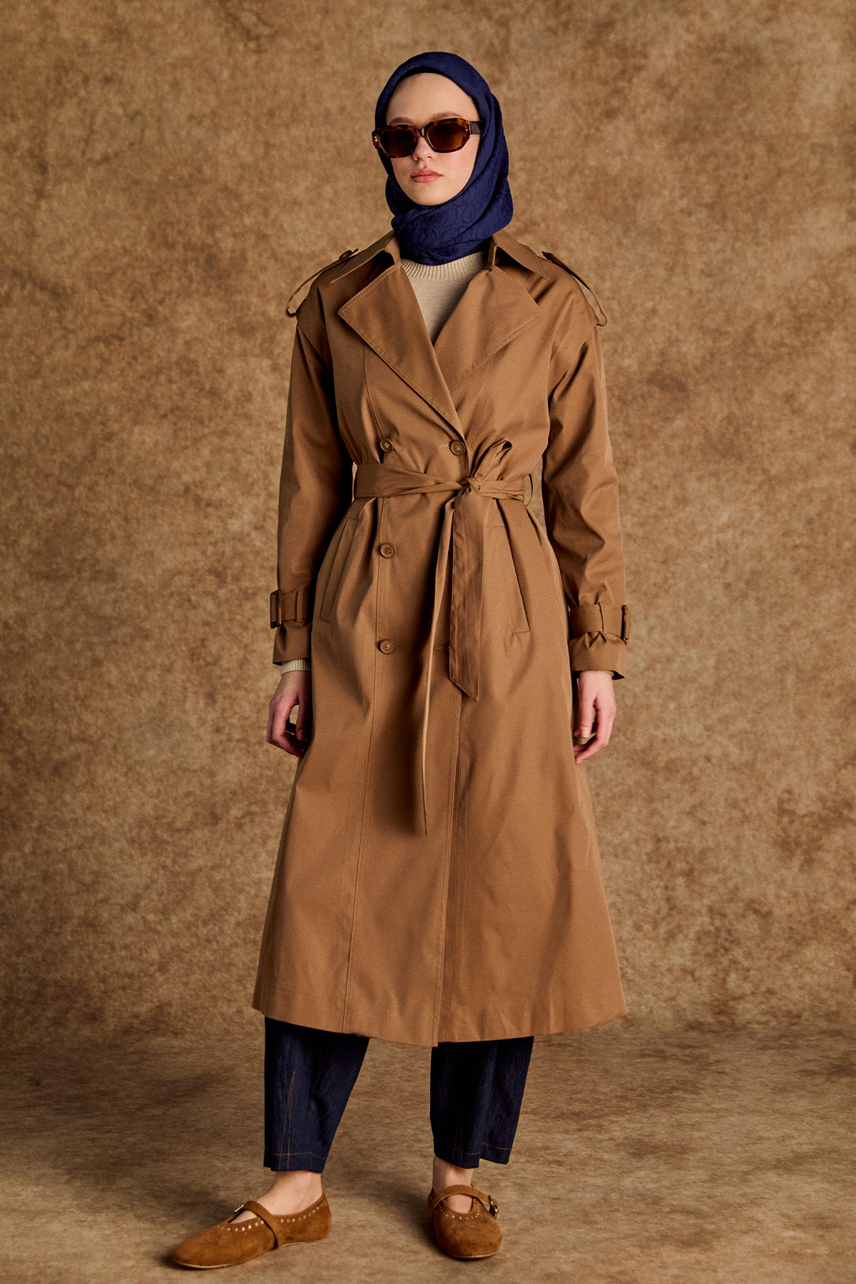 Kruvaze Kapamalı Kuşaklı Pardesü