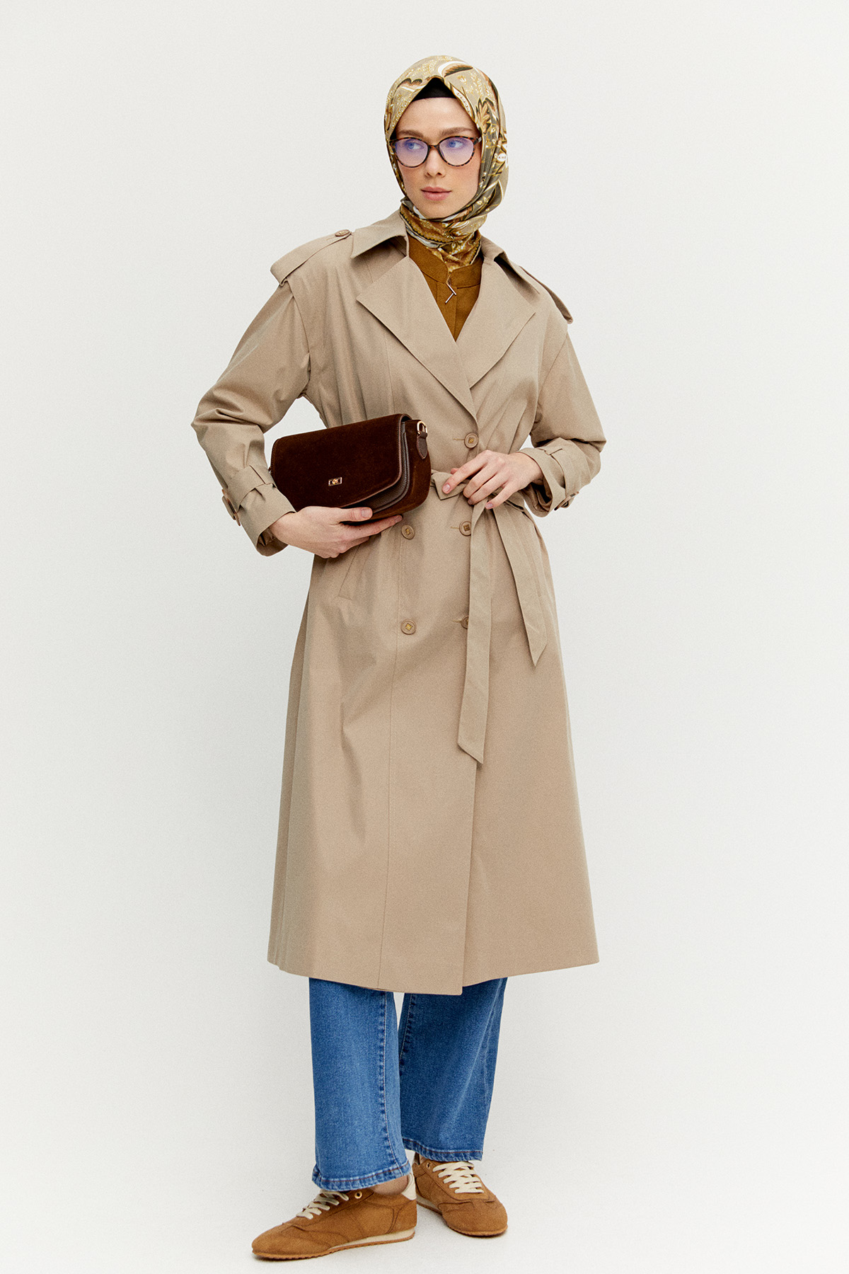 Kruvaze Kapamalı Kuşaklı Pardesü, Tesettür Giyim