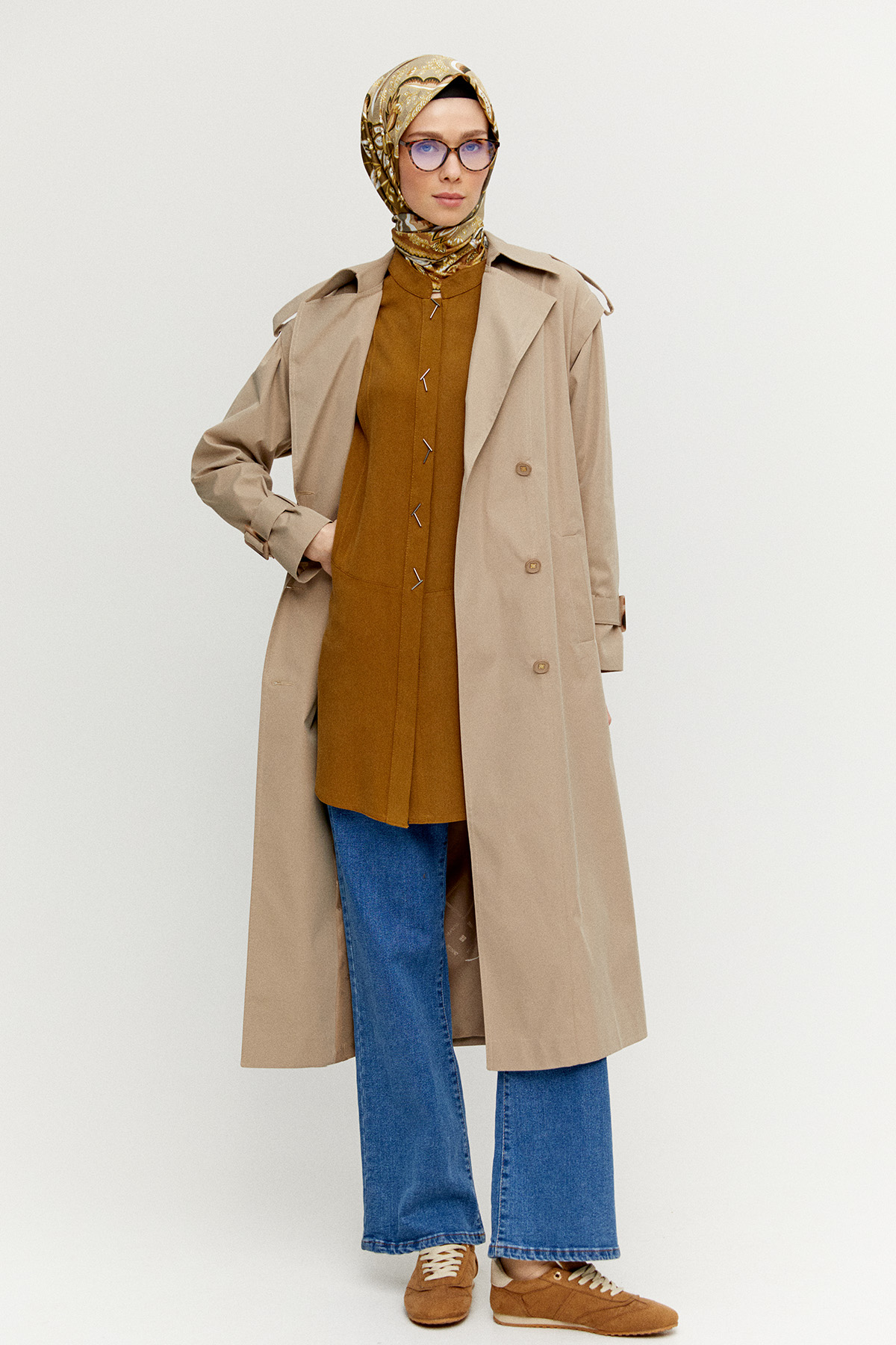 Kruvaze Kapamalı Kuşaklı Pardesü, Tesettür Giyim