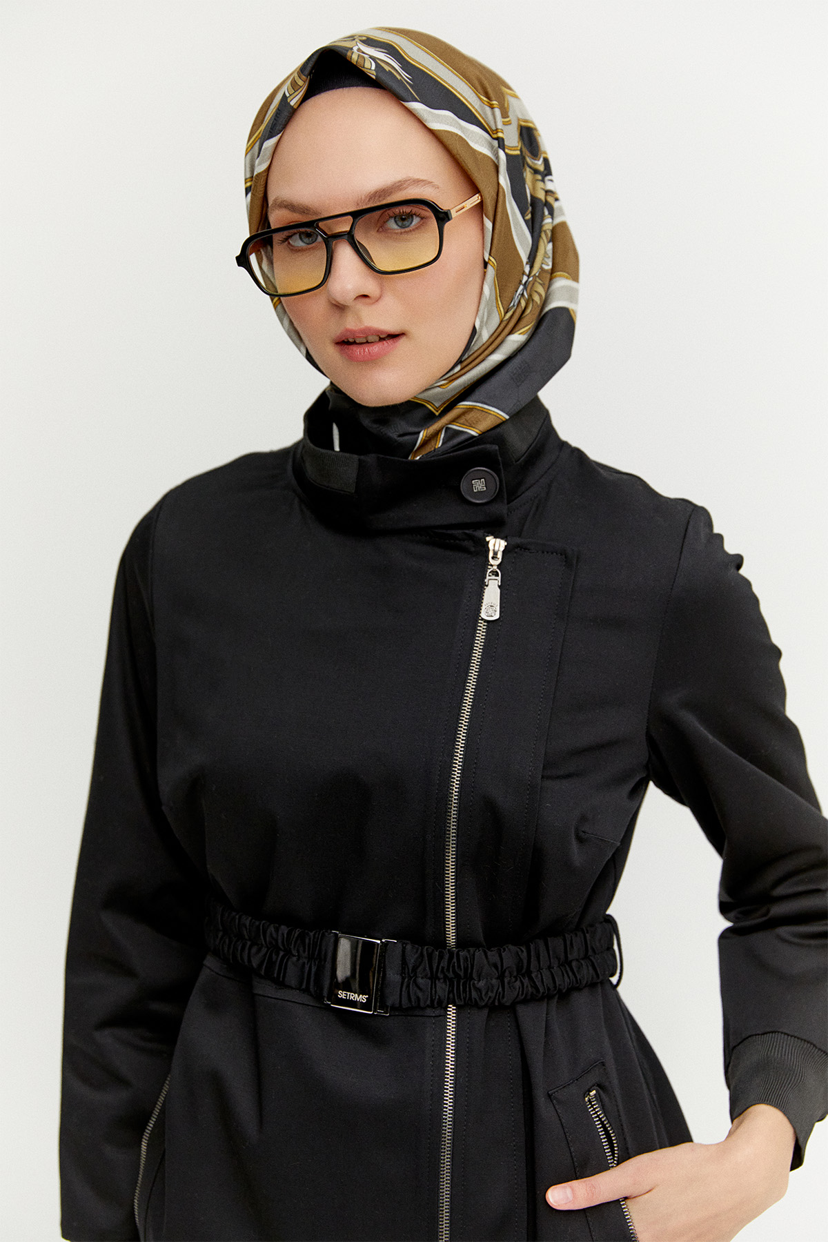 Ribanalı Kruvaze Fermuarlı Pardesü, Tesettür Giyim