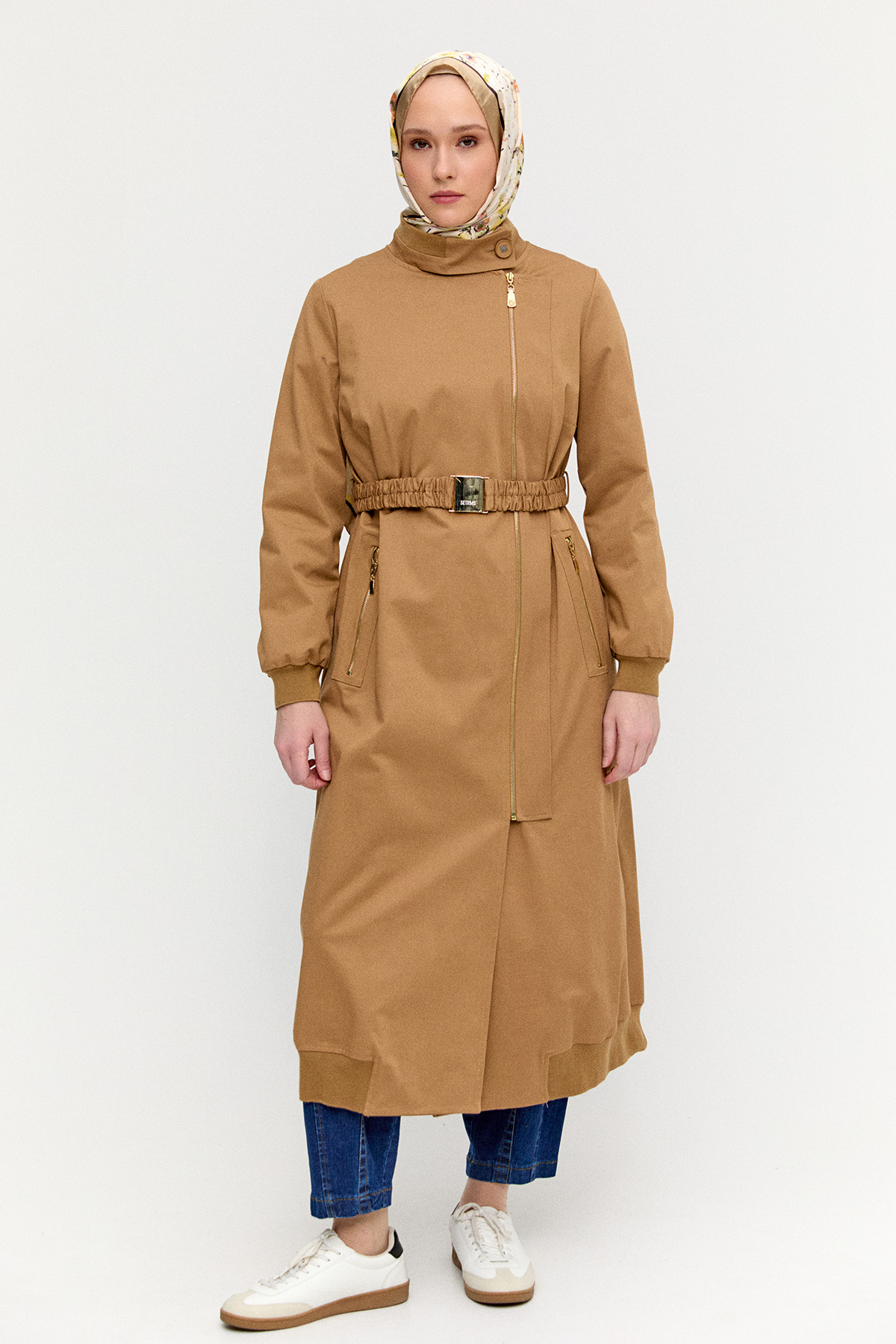 Ribanalı Kruvaze Fermuarlı Pardesü, Tesettür Giyim