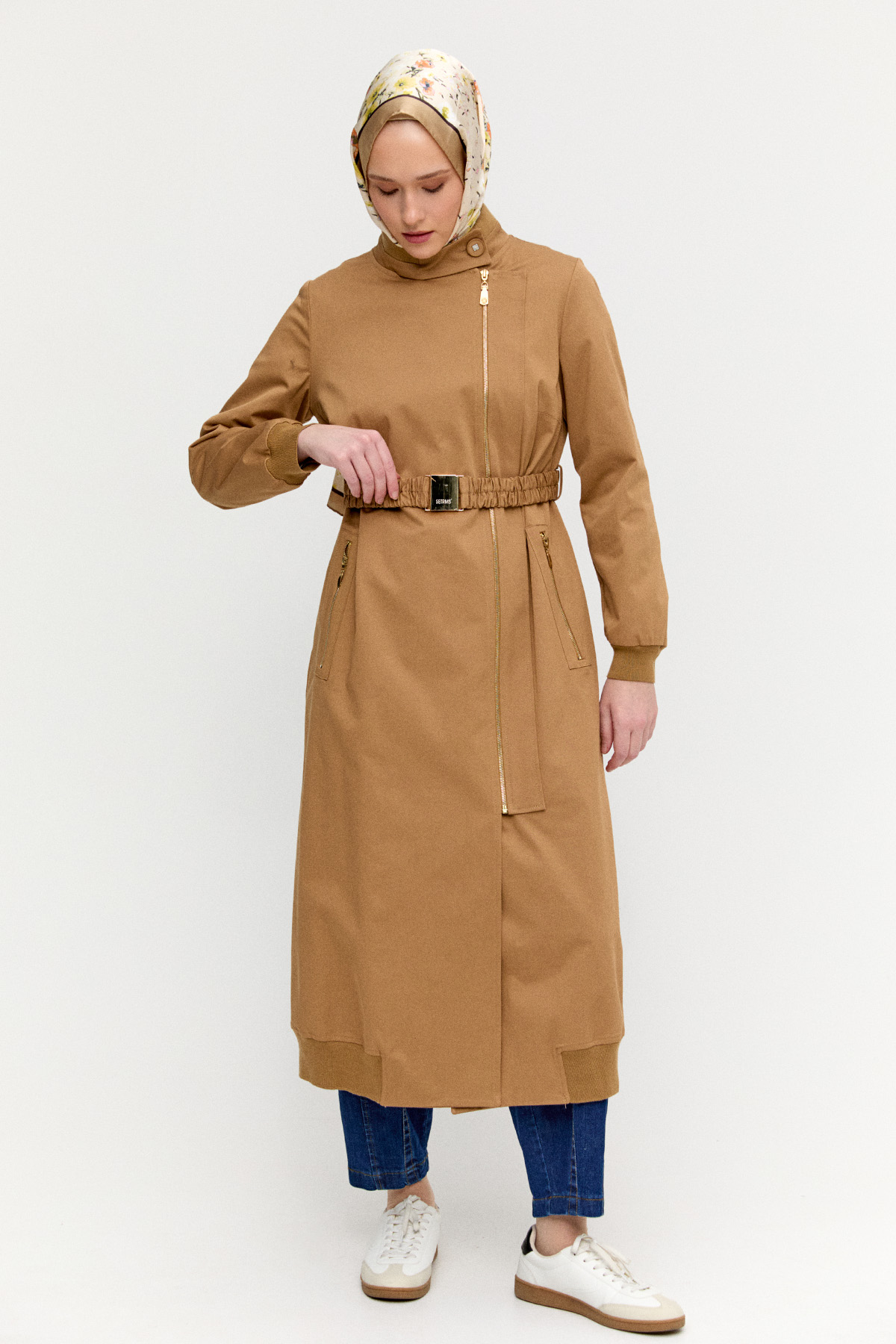 Ribanalı Kruvaze Fermuarlı Pardesü, Tesettür Giyim