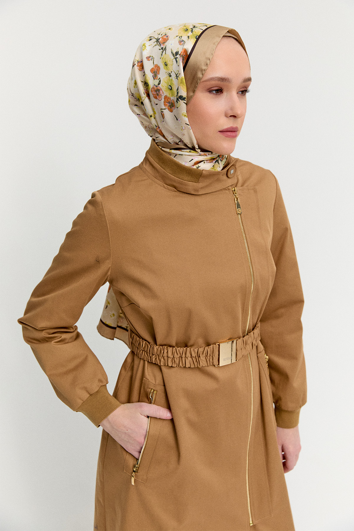 Ribanalı Kruvaze Fermuarlı Pardesü, Tesettür Giyim