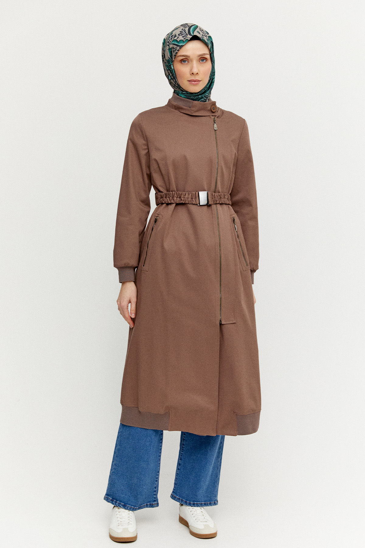 Ribanalı Kruvaze Fermuarlı Pardesü, Tesettür Giyim