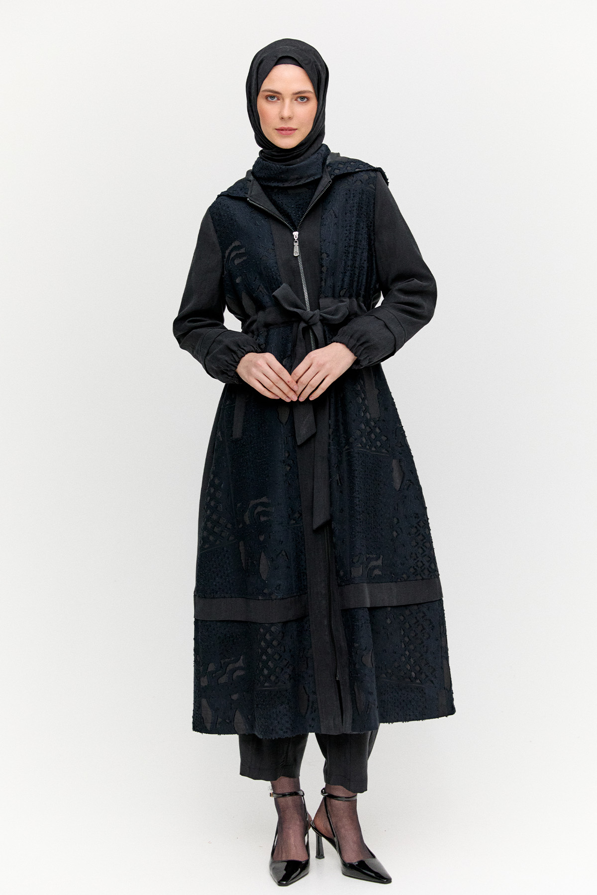 Kapüşonlu Fermuarlı Kuşaklı Pardösü, Tesettür Giyim