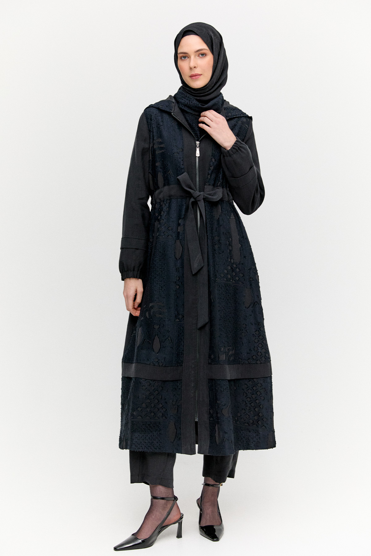 Kapüşonlu Fermuarlı Kuşaklı Pardösü, Tesettür Giyim