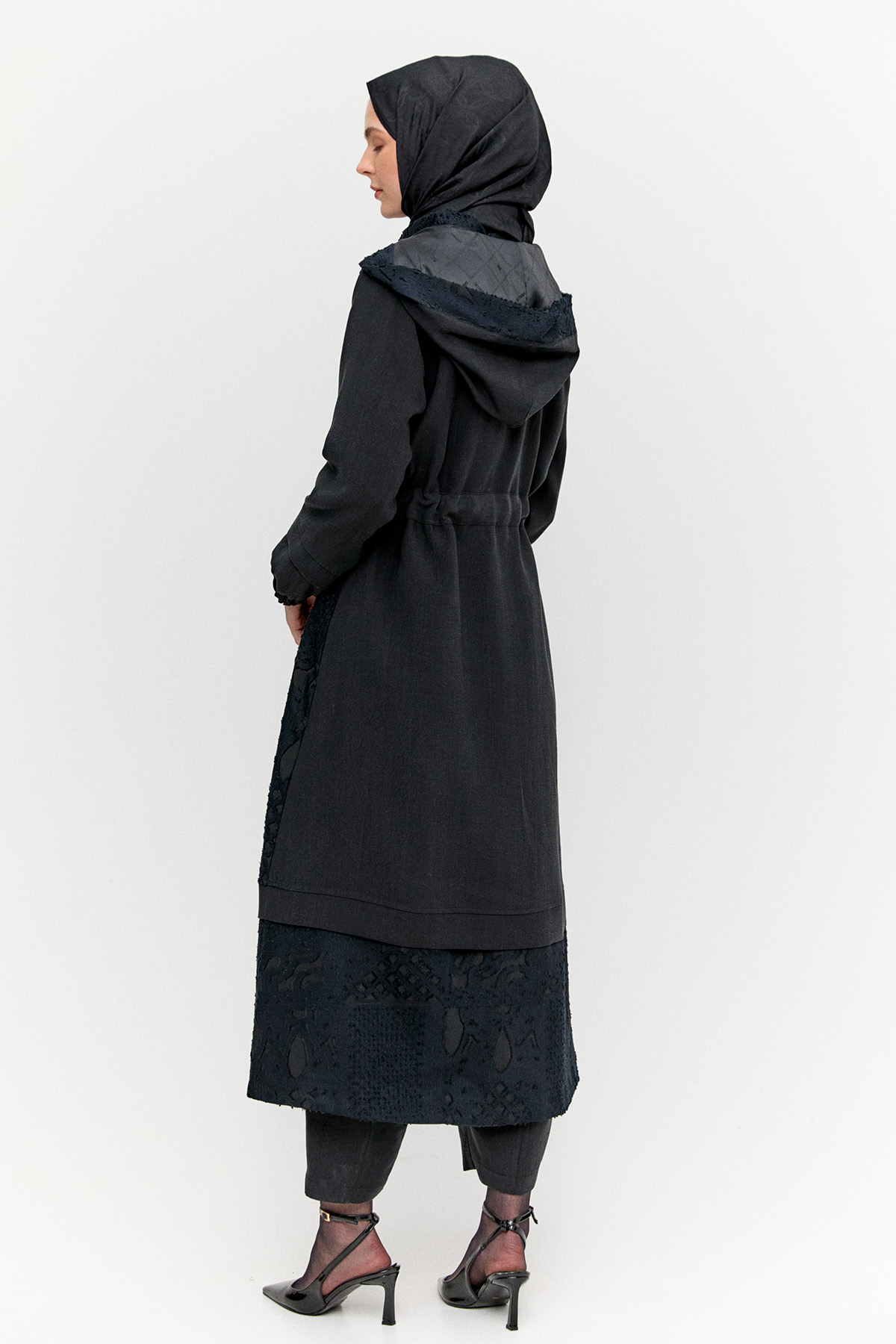 Kapüşonlu Fermuarlı Kuşaklı Pardösü, Tesettür Giyim