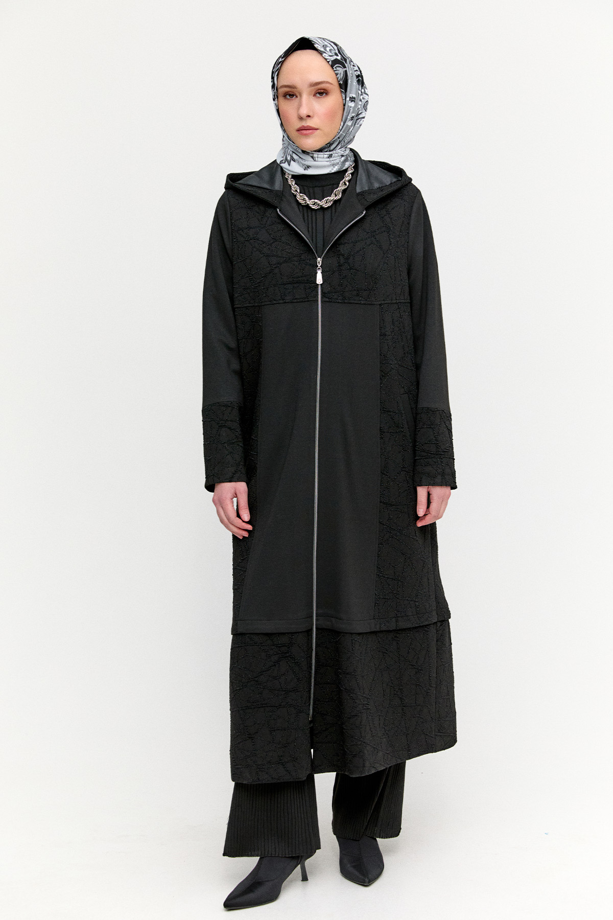 Kapüşonlu Örme Pardesü, Tesettür Giyim