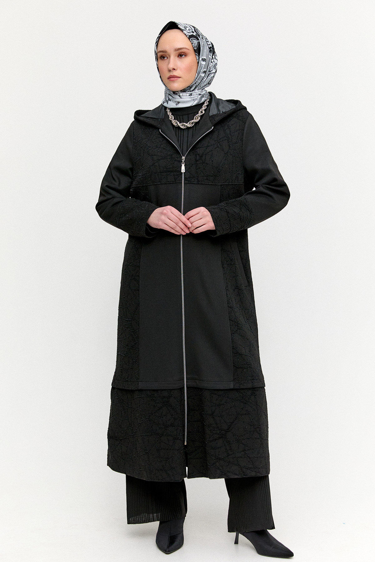 Kapüşonlu Örme Pardesü, Tesettür Giyim