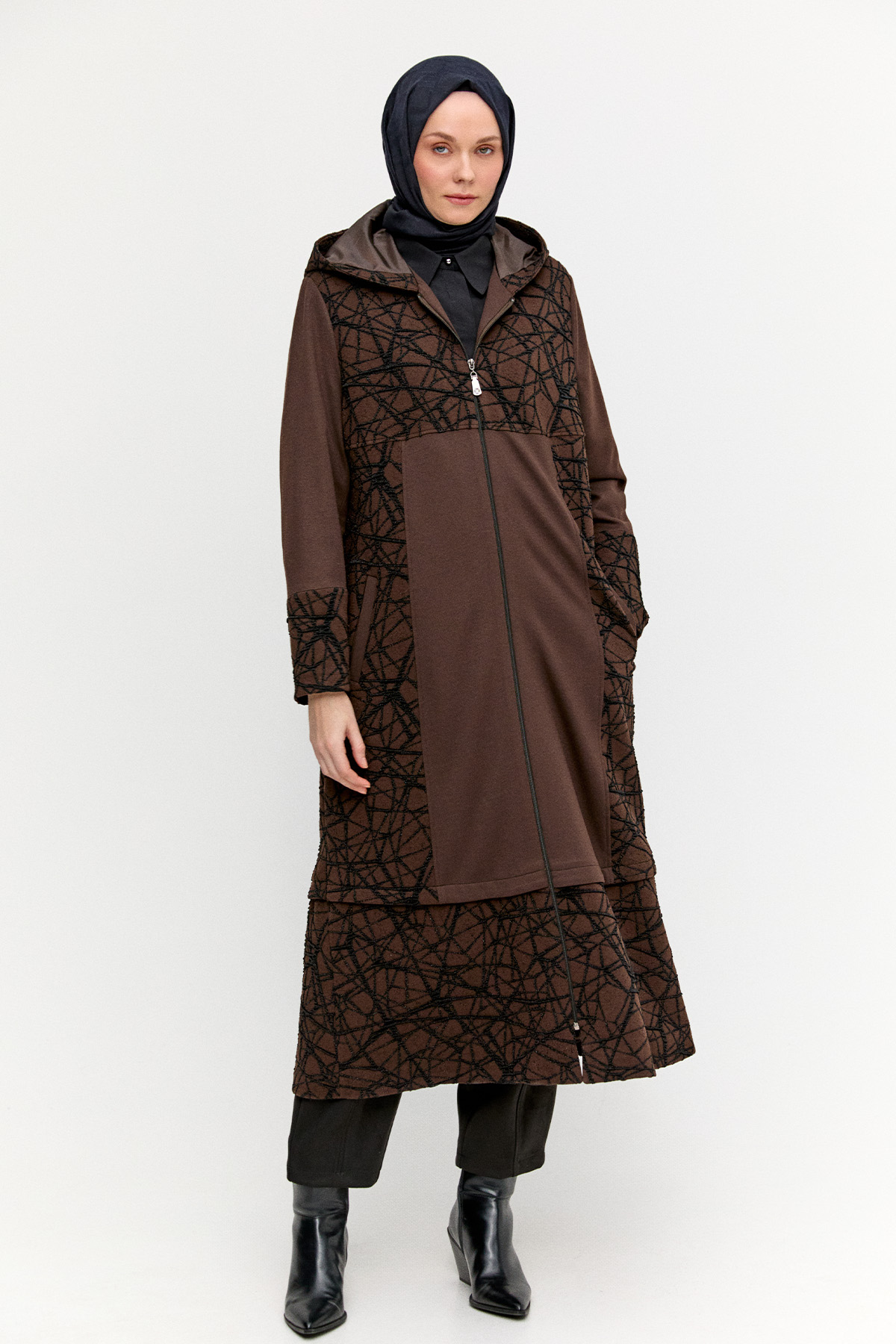 Kapüşonlu Örme Pardesü, Tesettür Giyim