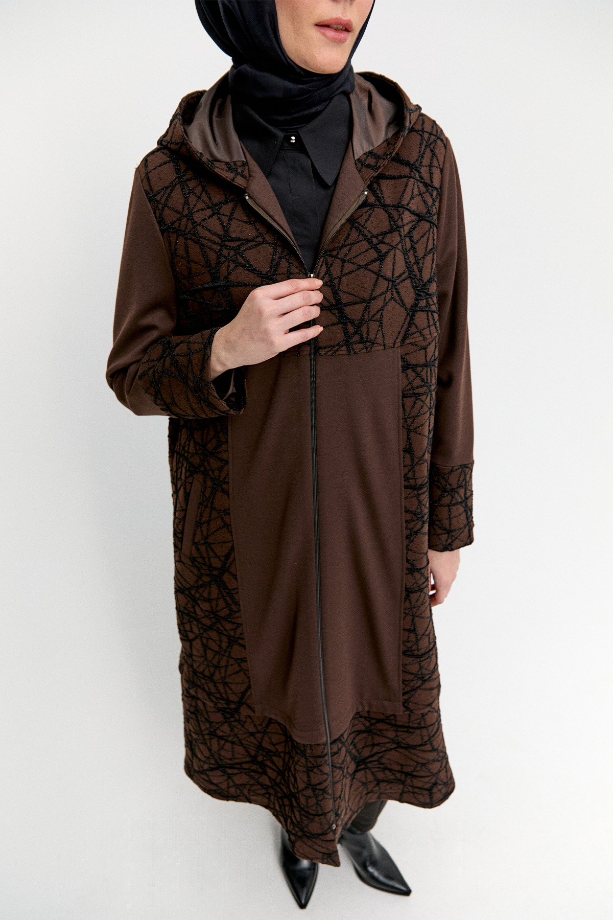 Kapüşonlu Örme Pardesü, Tesettür Giyim