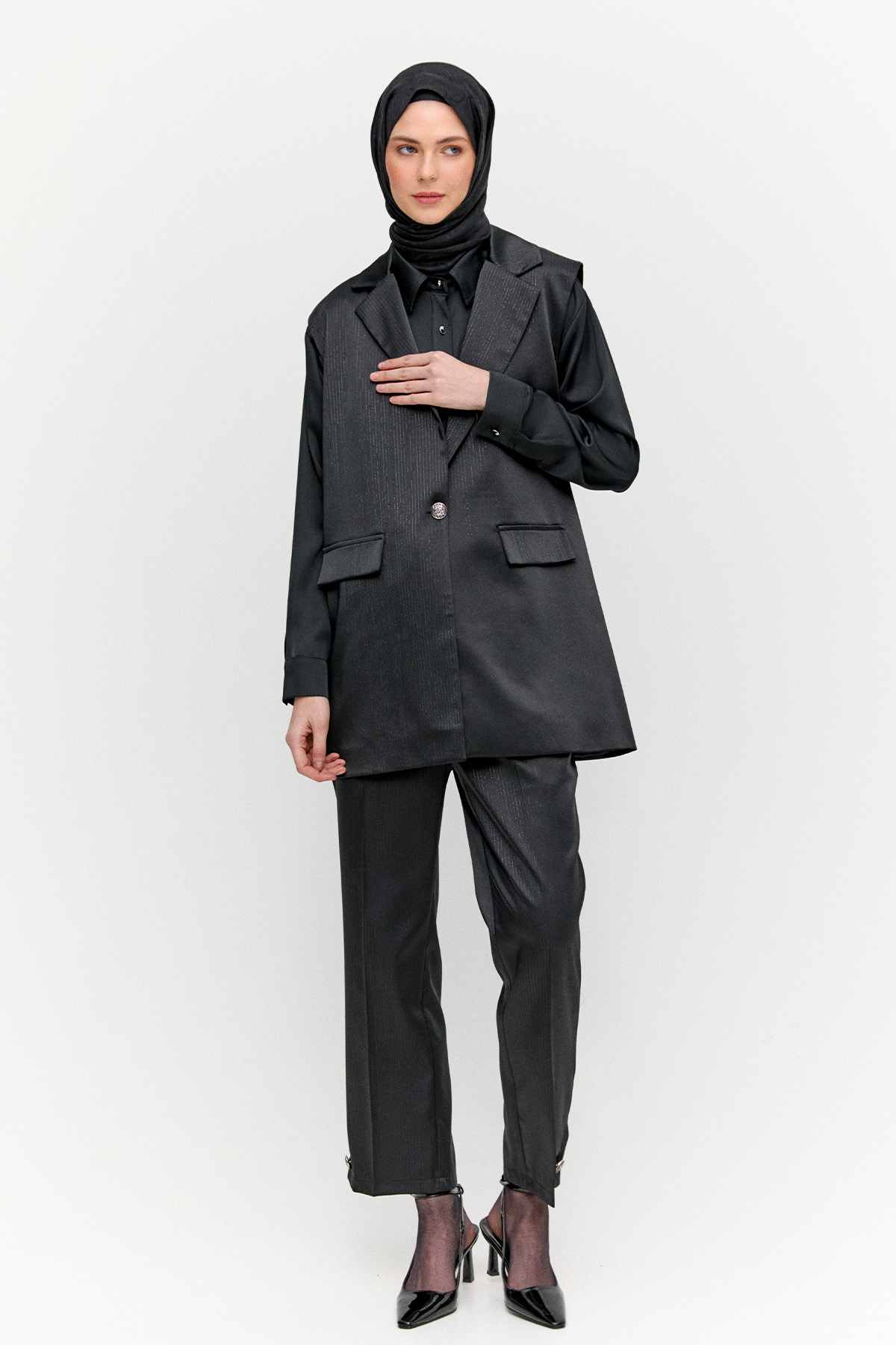 Çizgili Saten Yelekli İkili Takım, Tesettür Giyim