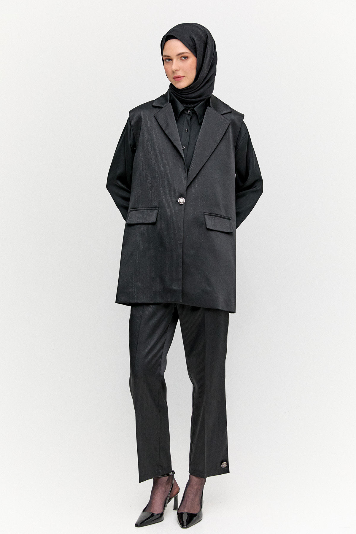 Çizgili Saten Yelekli İkili Takım, Tesettür Giyim