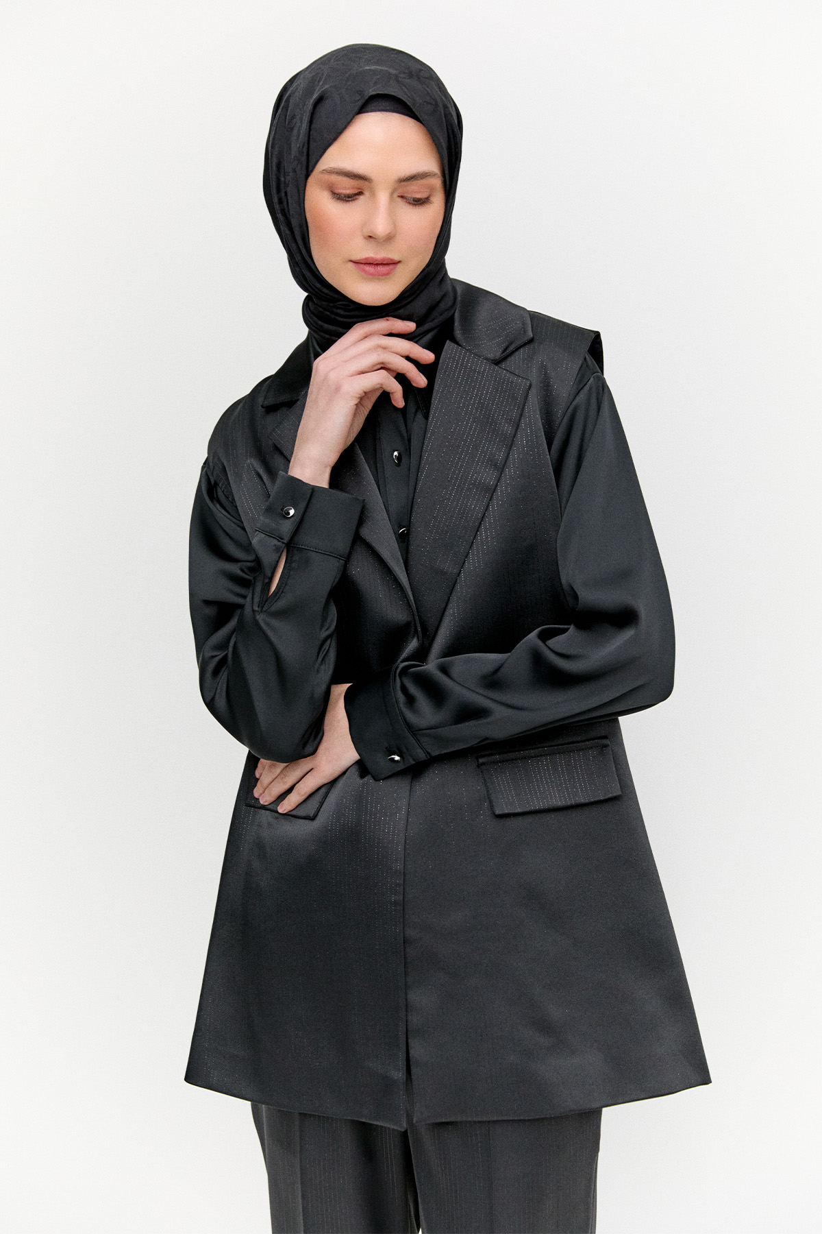 Çizgili Saten Yelekli İkili Takım, Tesettür Giyim