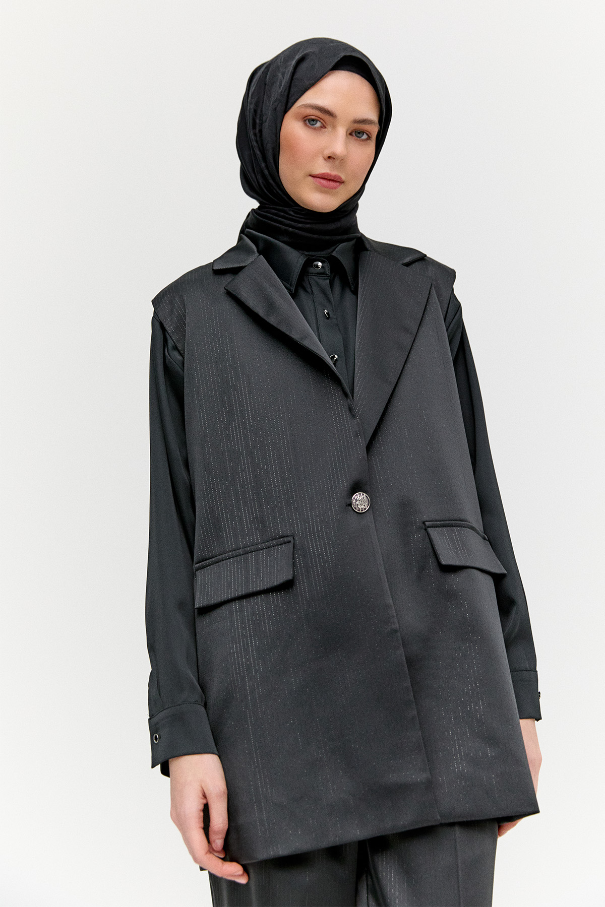 Çizgili Saten Yelekli İkili Takım, Tesettür Giyim