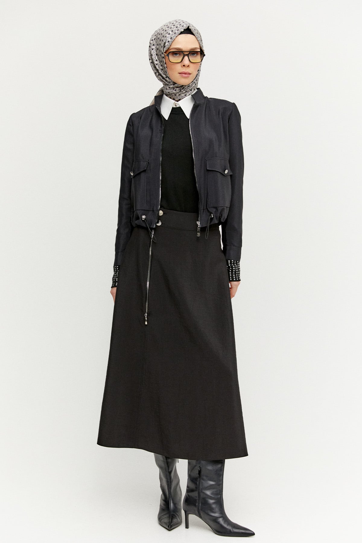 Fermuarlı Ceket Evaze Etek İkili Takım