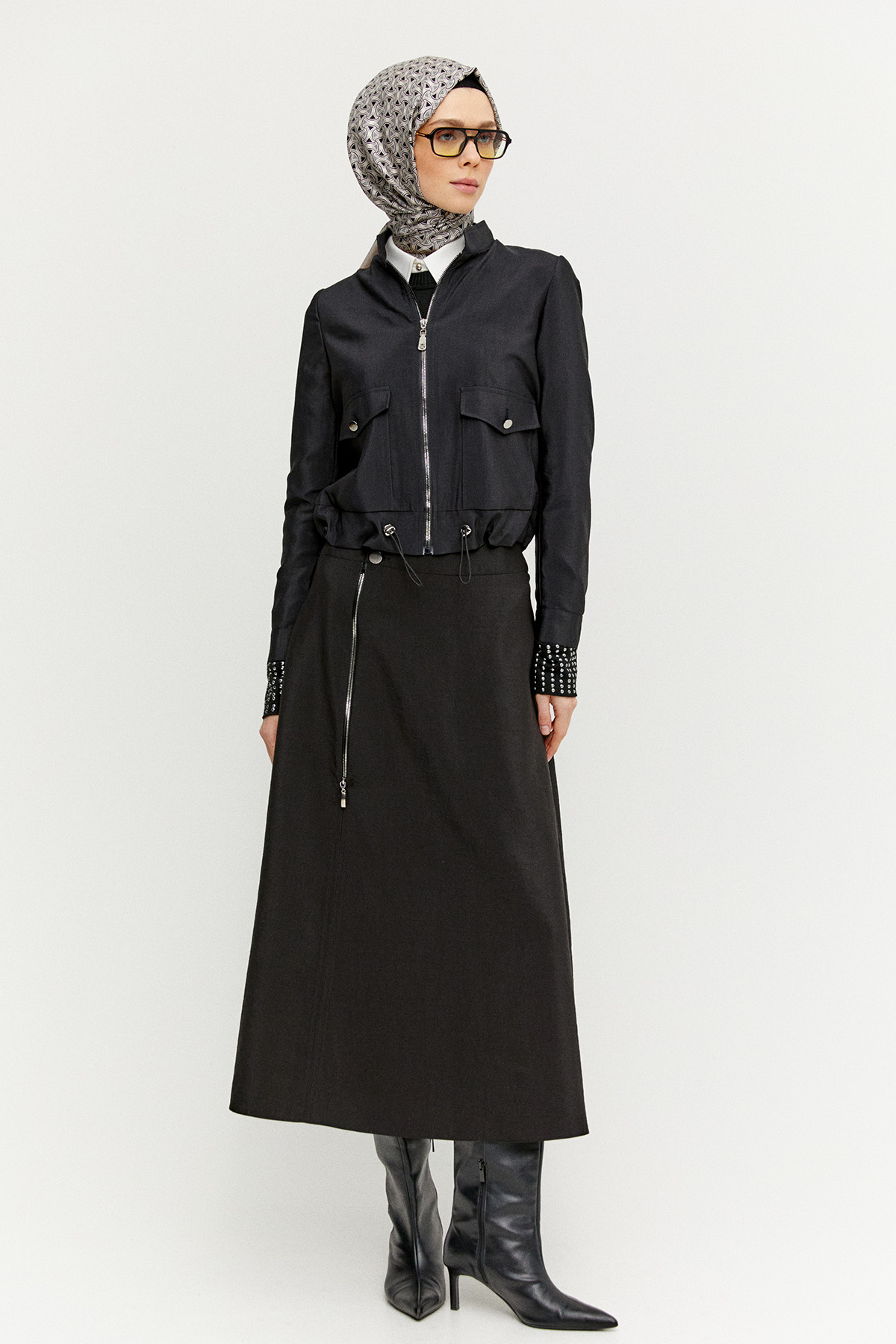 Fermuarlı Ceket Evaze Etek İkili Takım