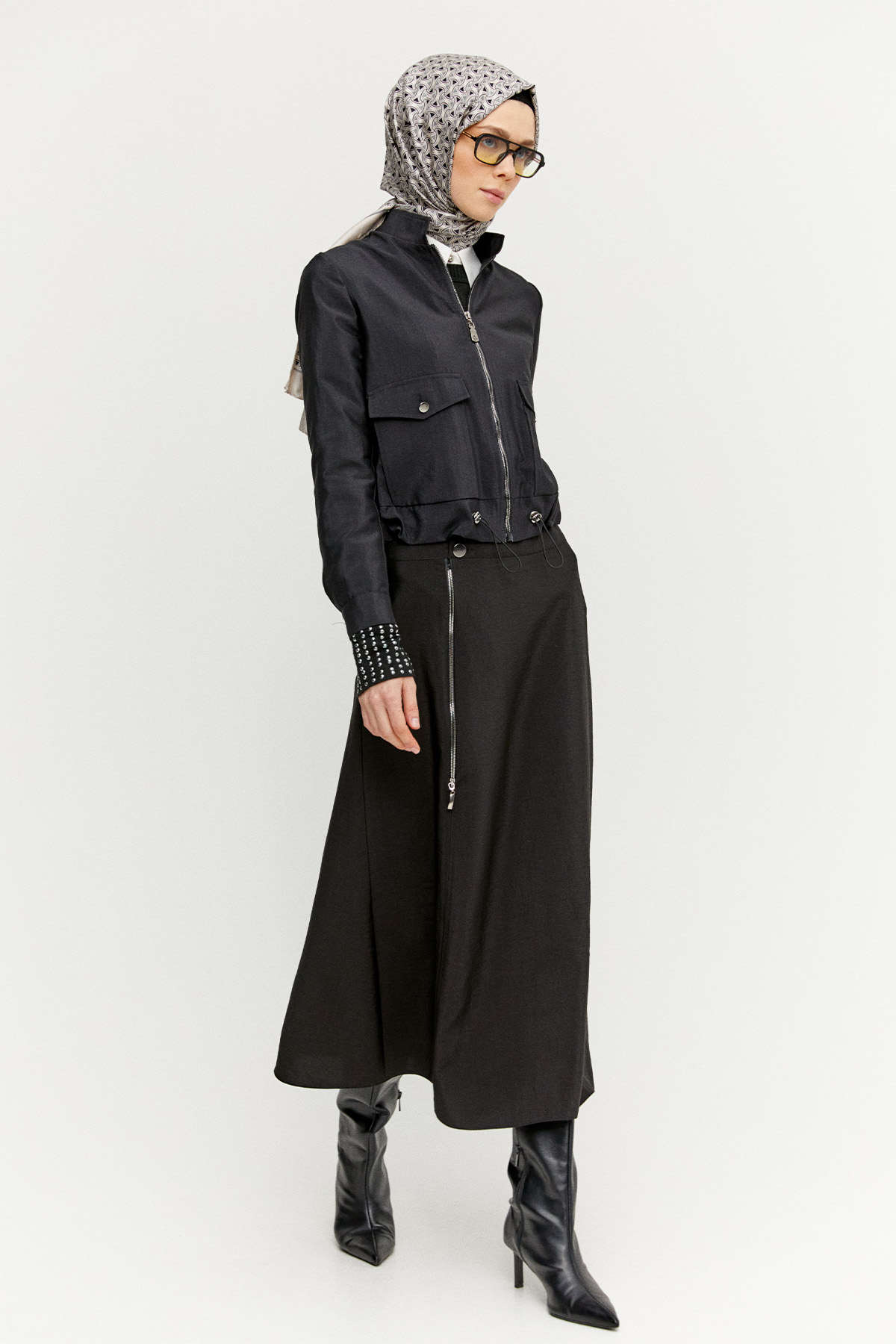 Fermuarlı Ceket Evaze Etek İkili Takım