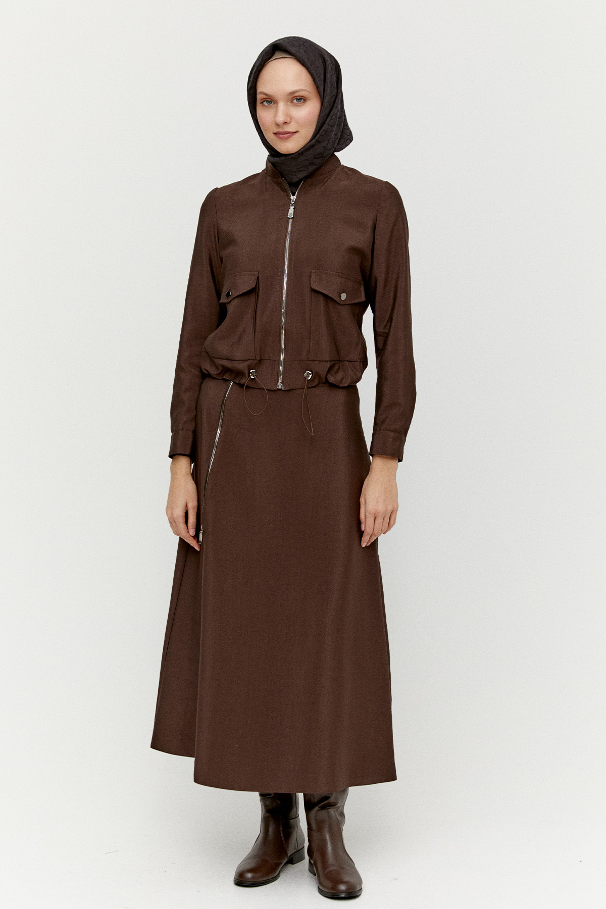 Fermuarlı Ceket Evaze Etek İkili Takım