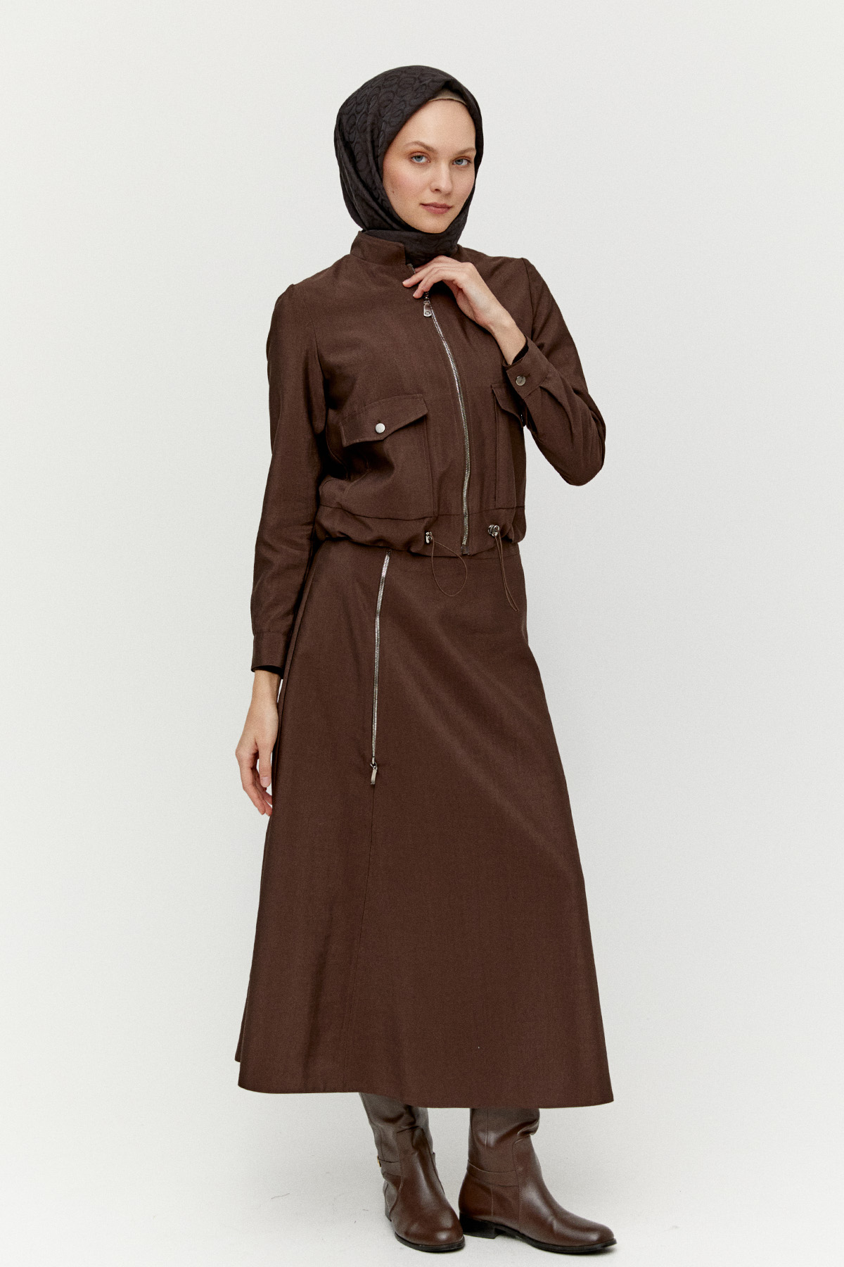 Fermuarlı Ceket Evaze Etek İkili Takım