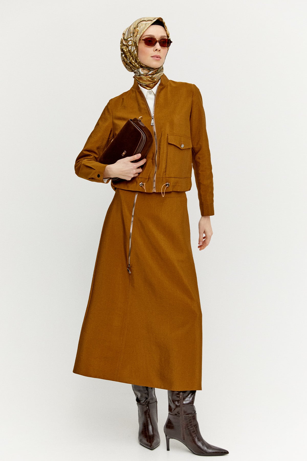 Fermuarlı Ceket Evaze Etek İkili Takım