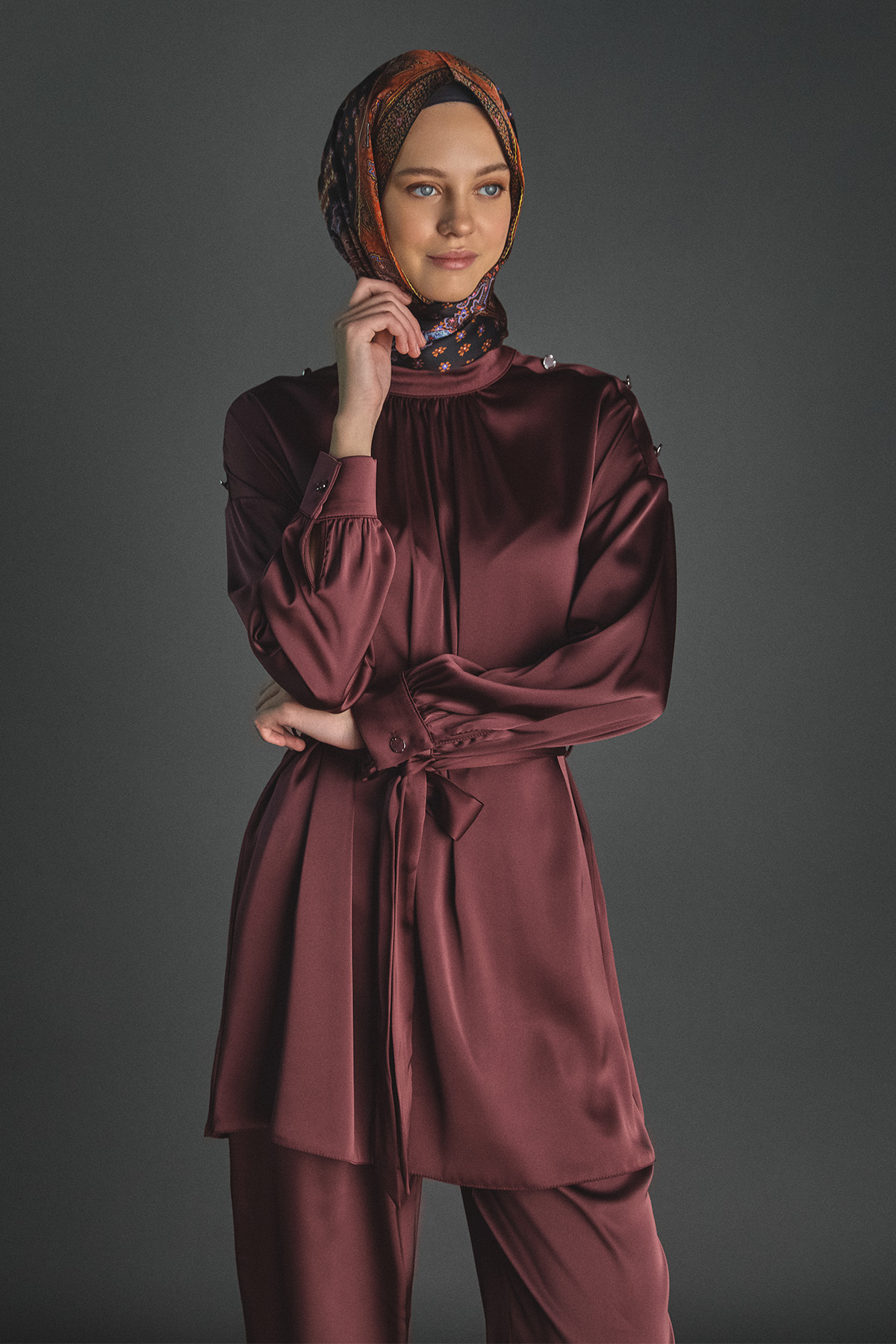 Süs Düğmeli Saten İkili Takım, Tesettür Giyim