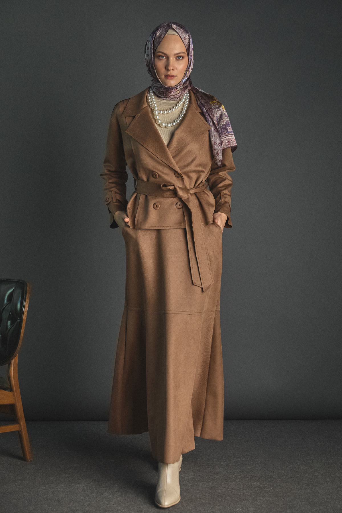 Kuşaklı Kruvaze Ceketli İkili Takım