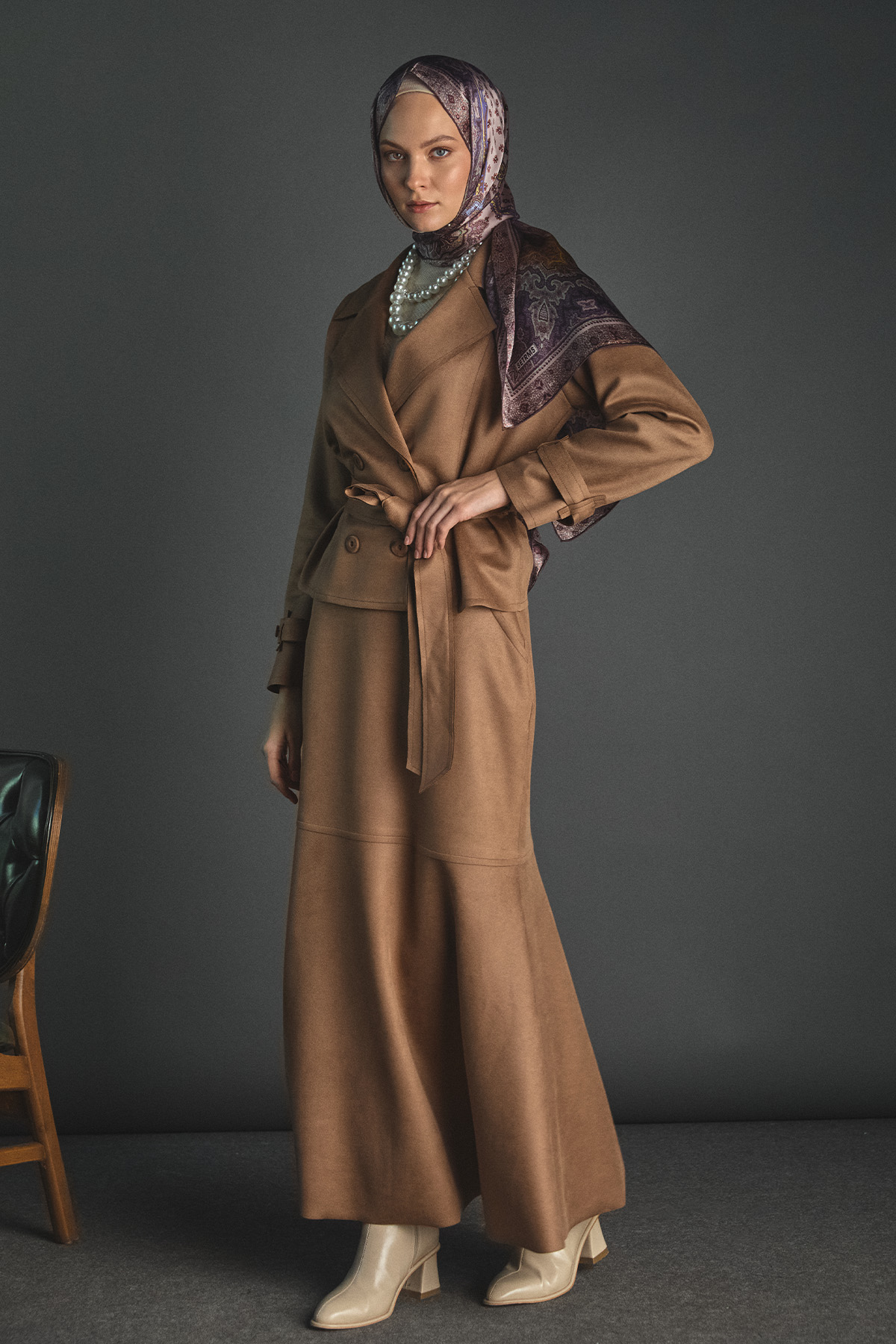 Kuşaklı Kruvaze Ceketli İkili Takım