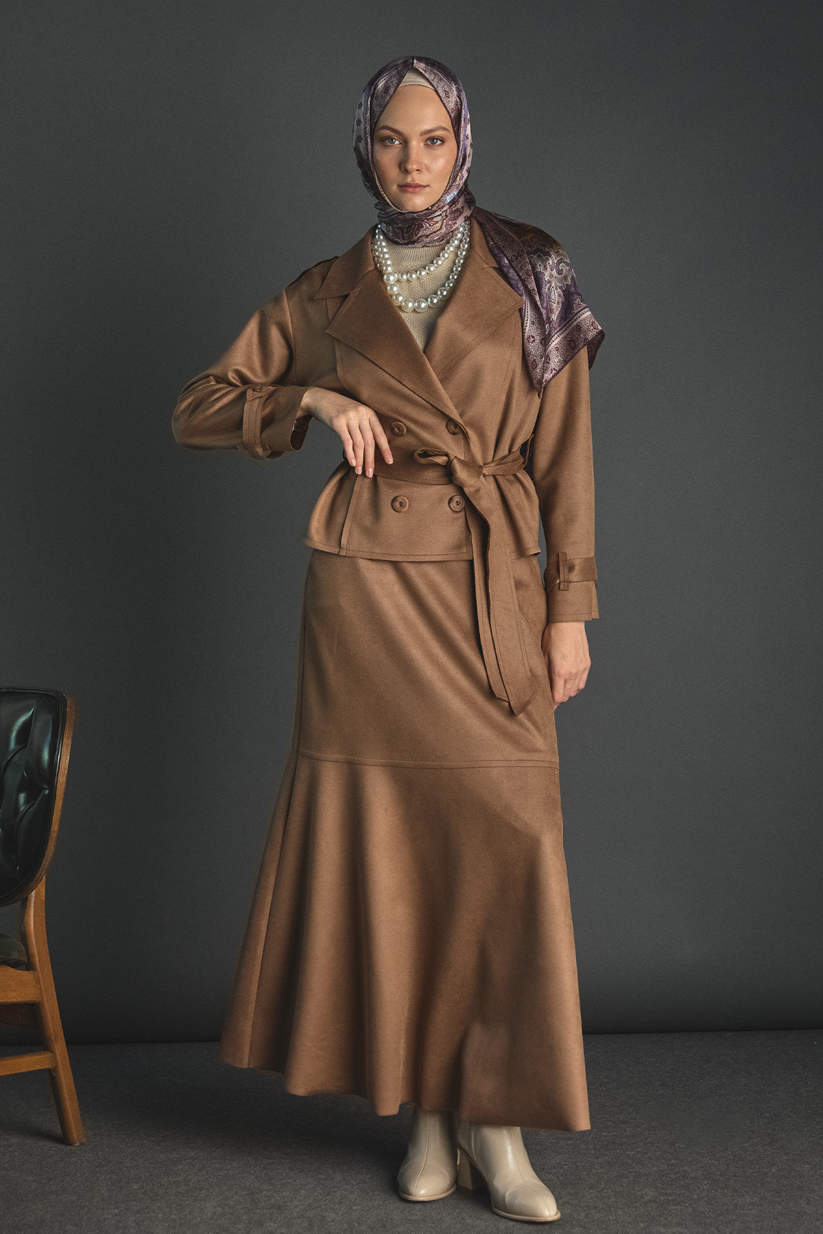 Kuşaklı Kruvaze Ceketli İkili Takım