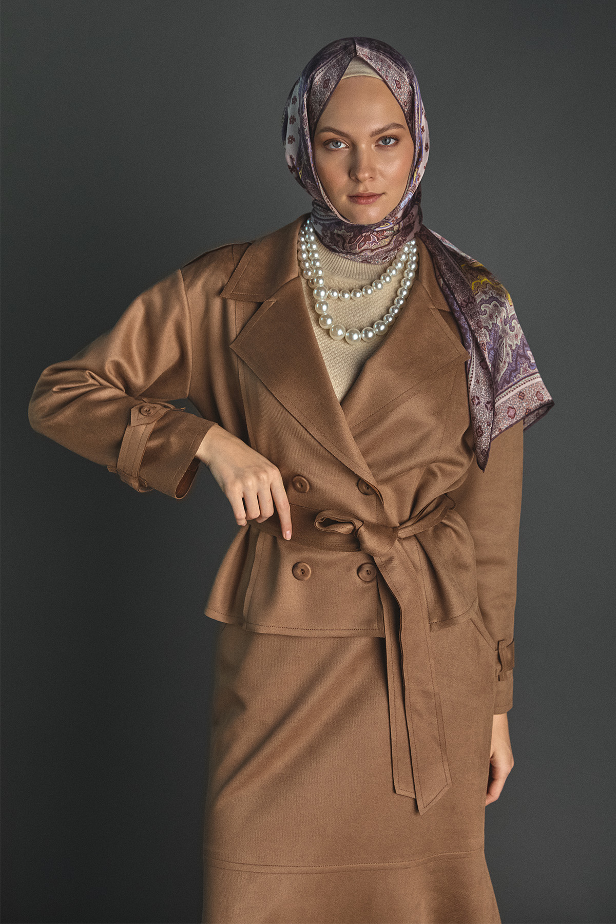 Kuşaklı Kruvaze Ceketli İkili Takım