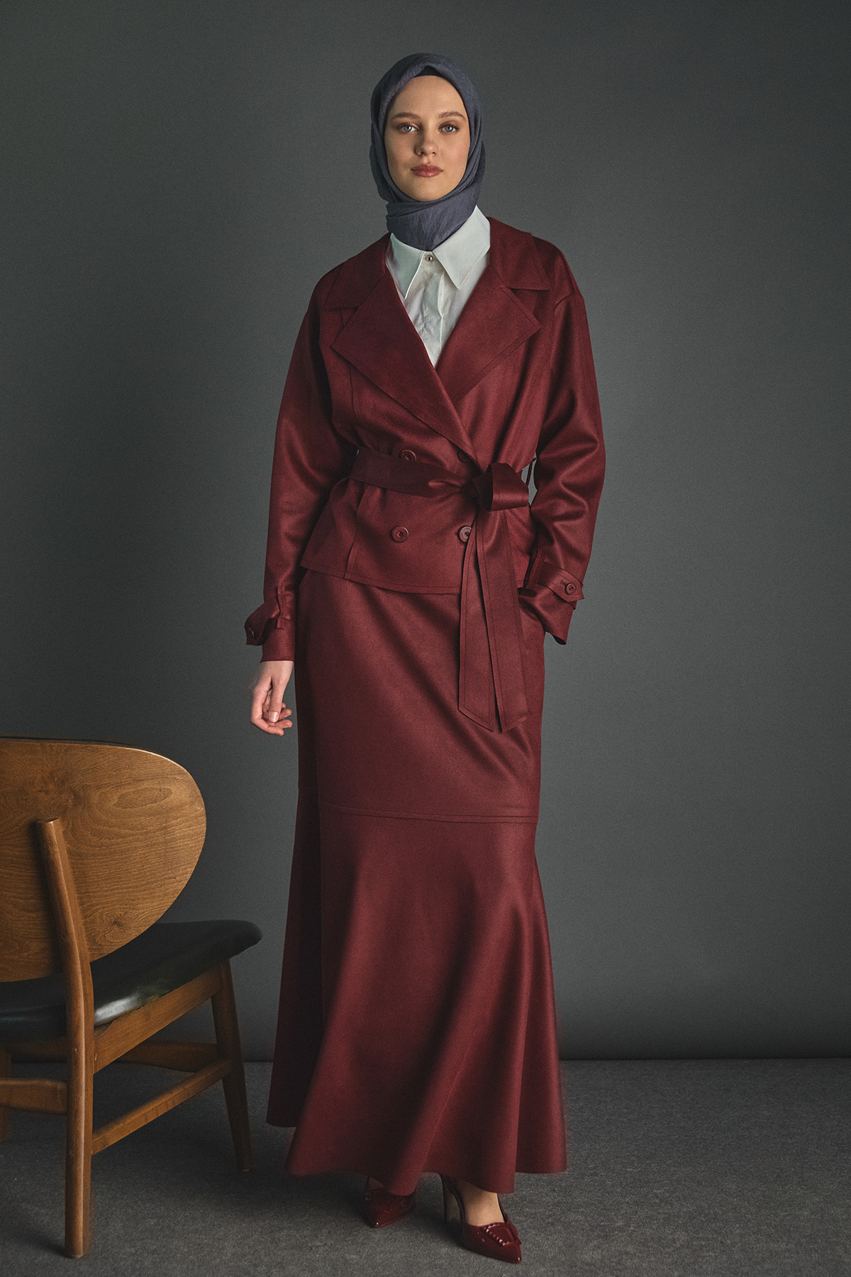 Kuşaklı Kruvaze Ceketli İkili Takım