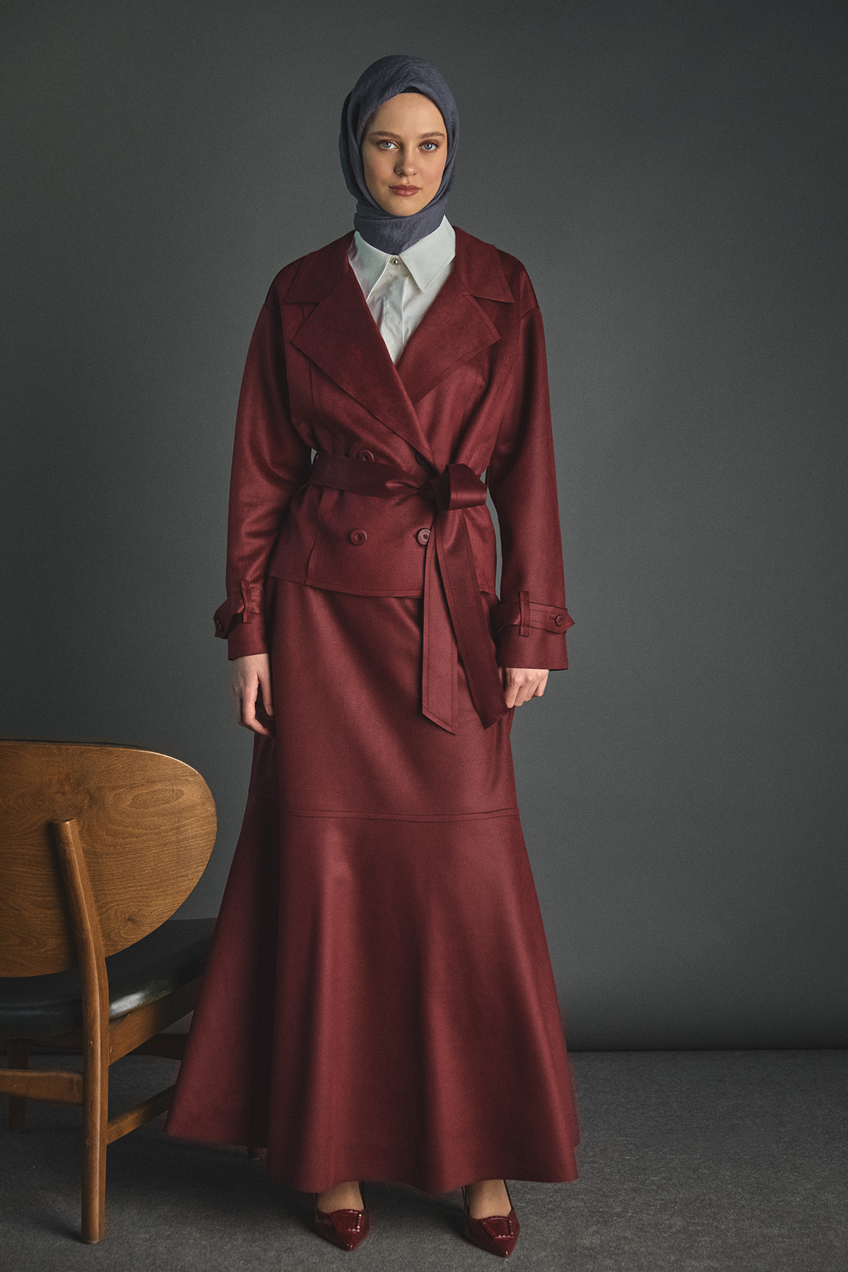 Kuşaklı Kruvaze Ceketli İkili Takım