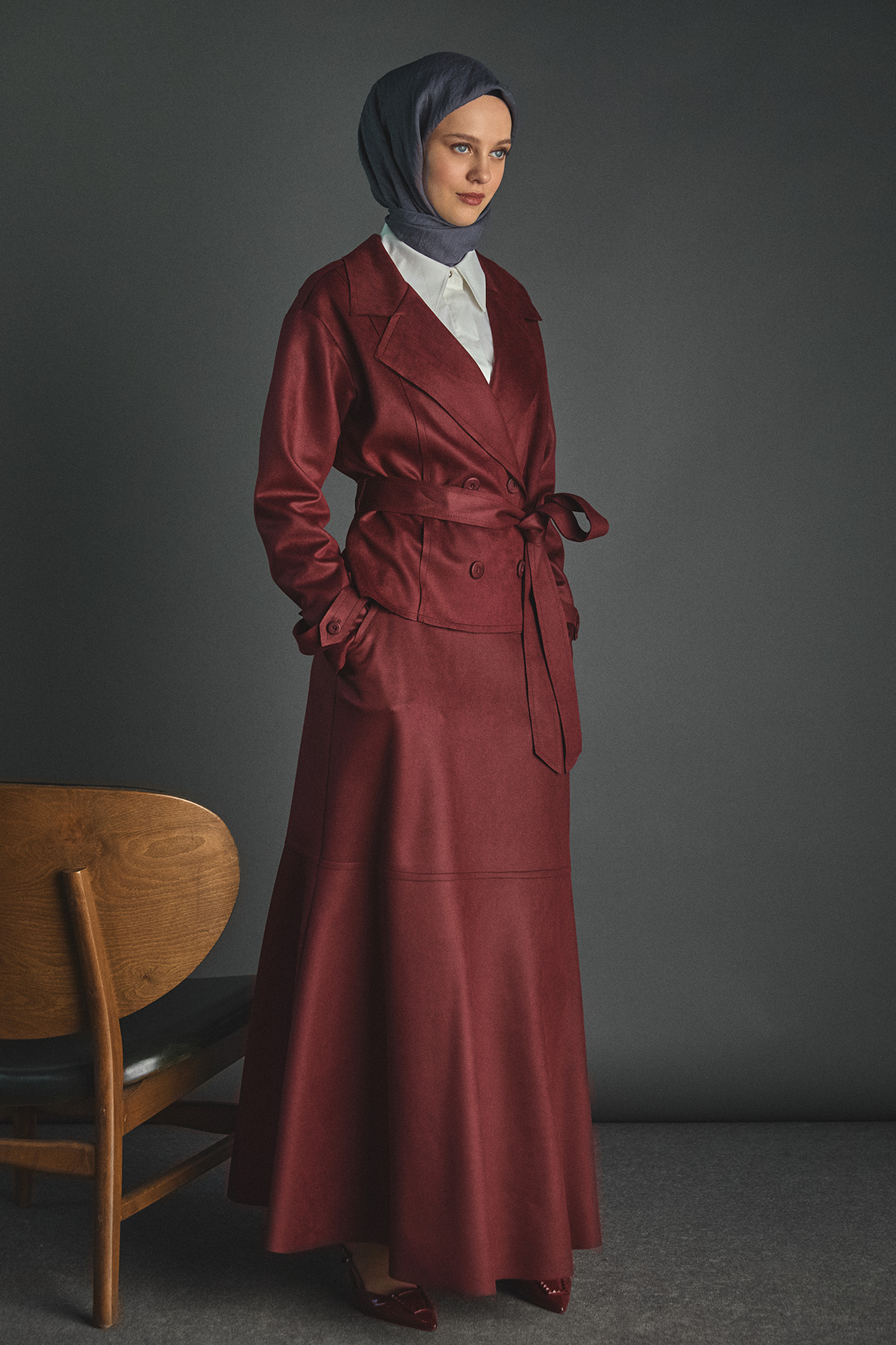 Kuşaklı Kruvaze Ceketli İkili Takım