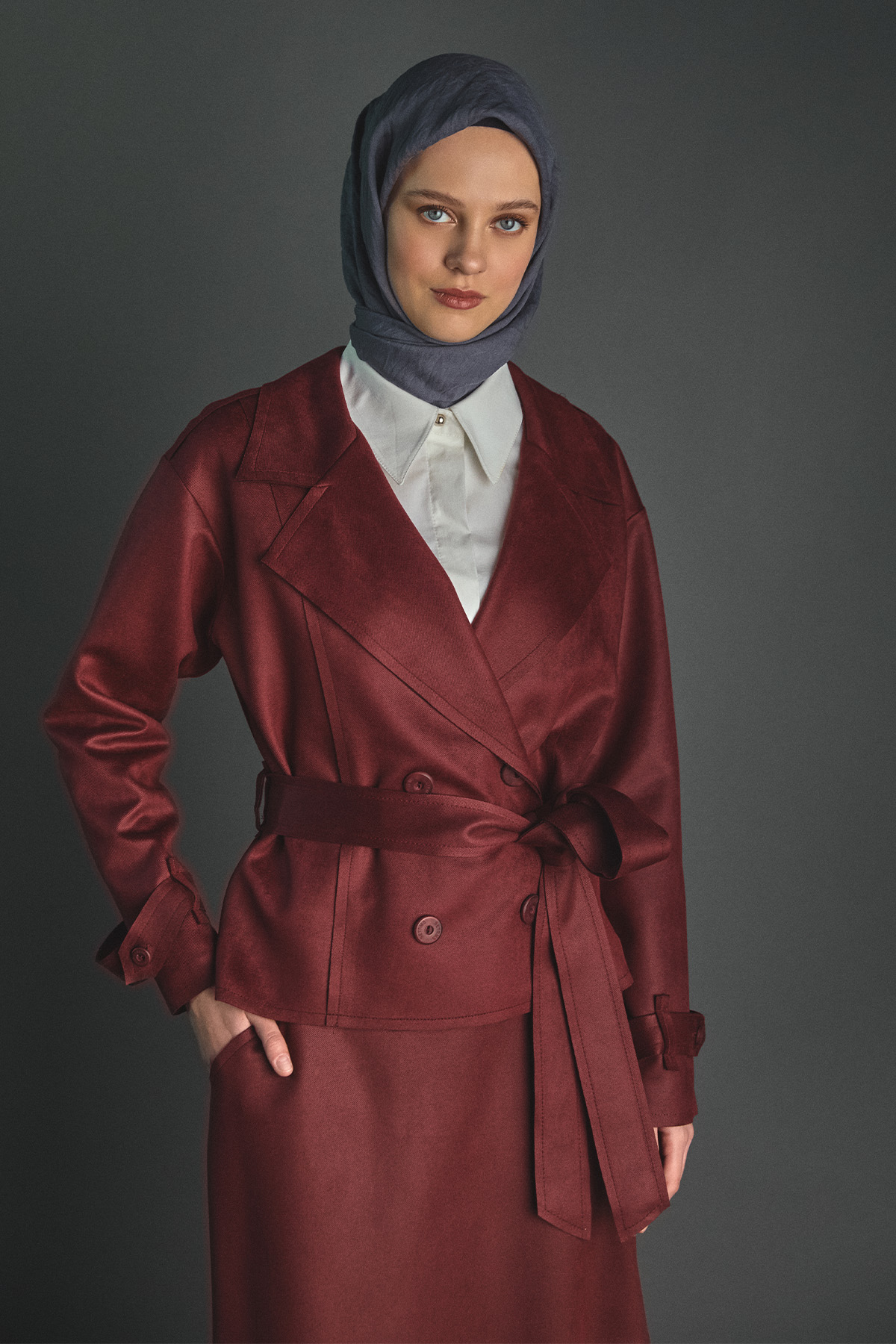 Kuşaklı Kruvaze Ceketli İkili Takım