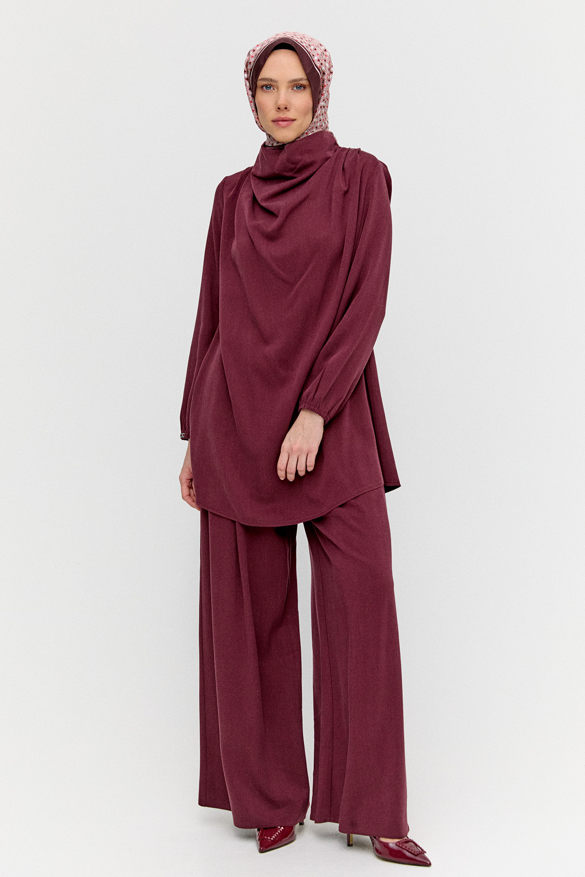Degaje Yaka Tunik Pantolon Etek İkili Takım, Tesettür Giyim