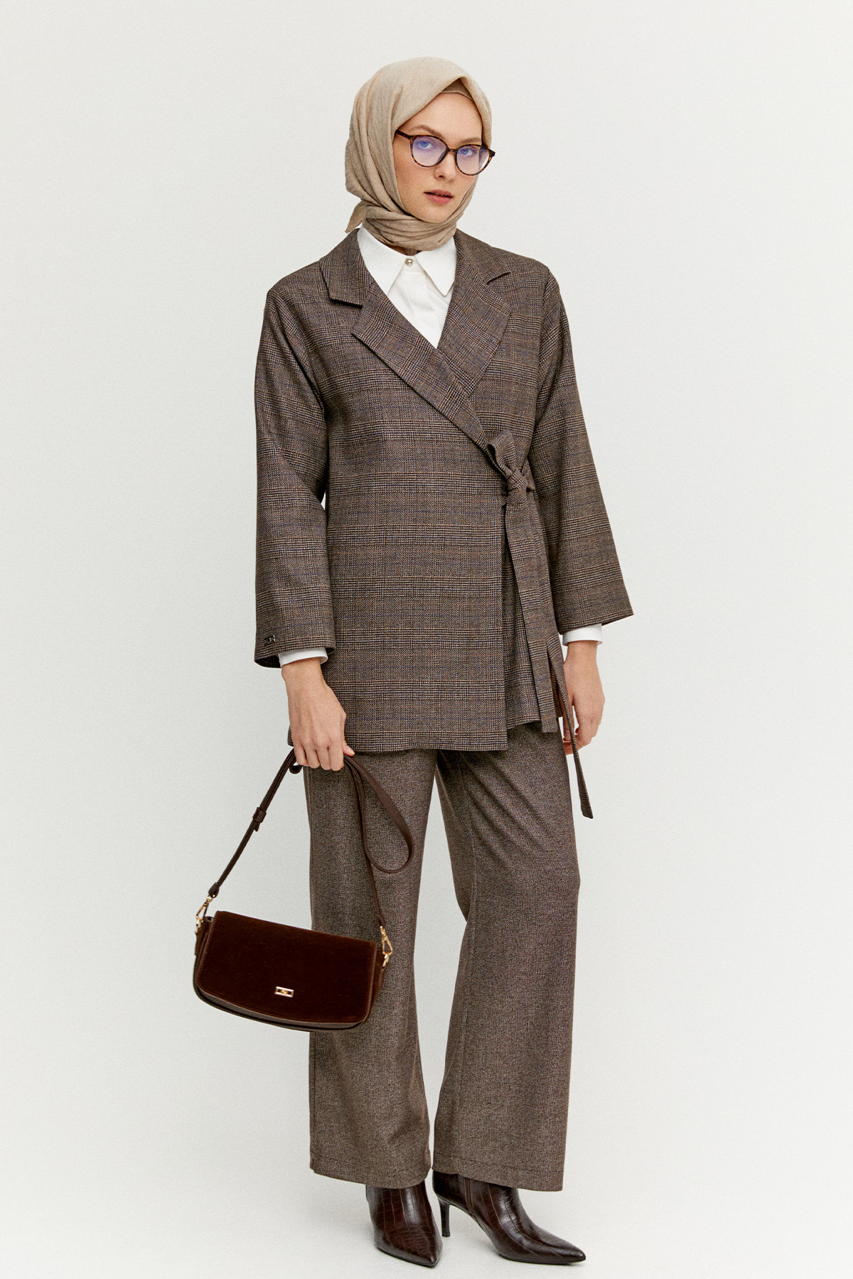 Kruvaze Kuşaklı Ekose İkili Takım, Tesettür Giyim