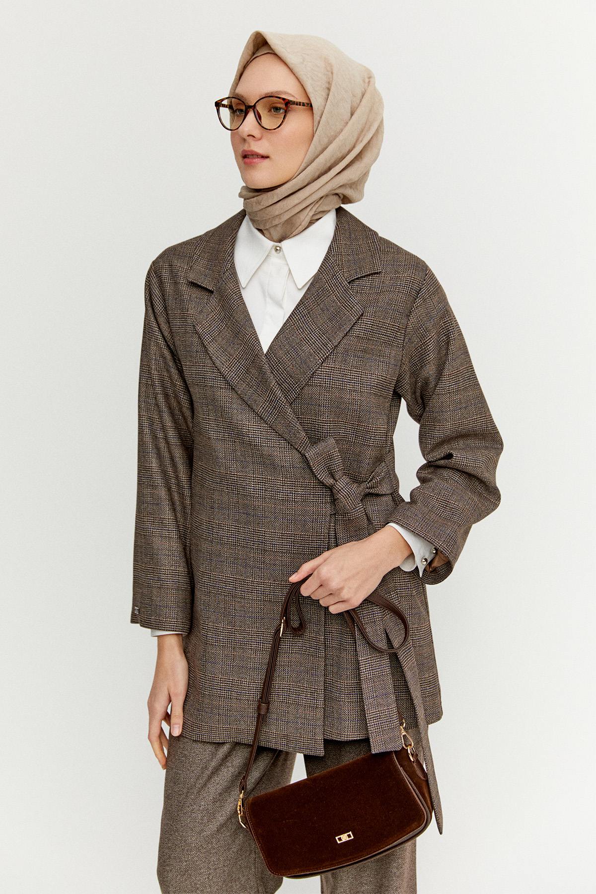 Kruvaze Kuşaklı Ekose İkili Takım, Tesettür Giyim