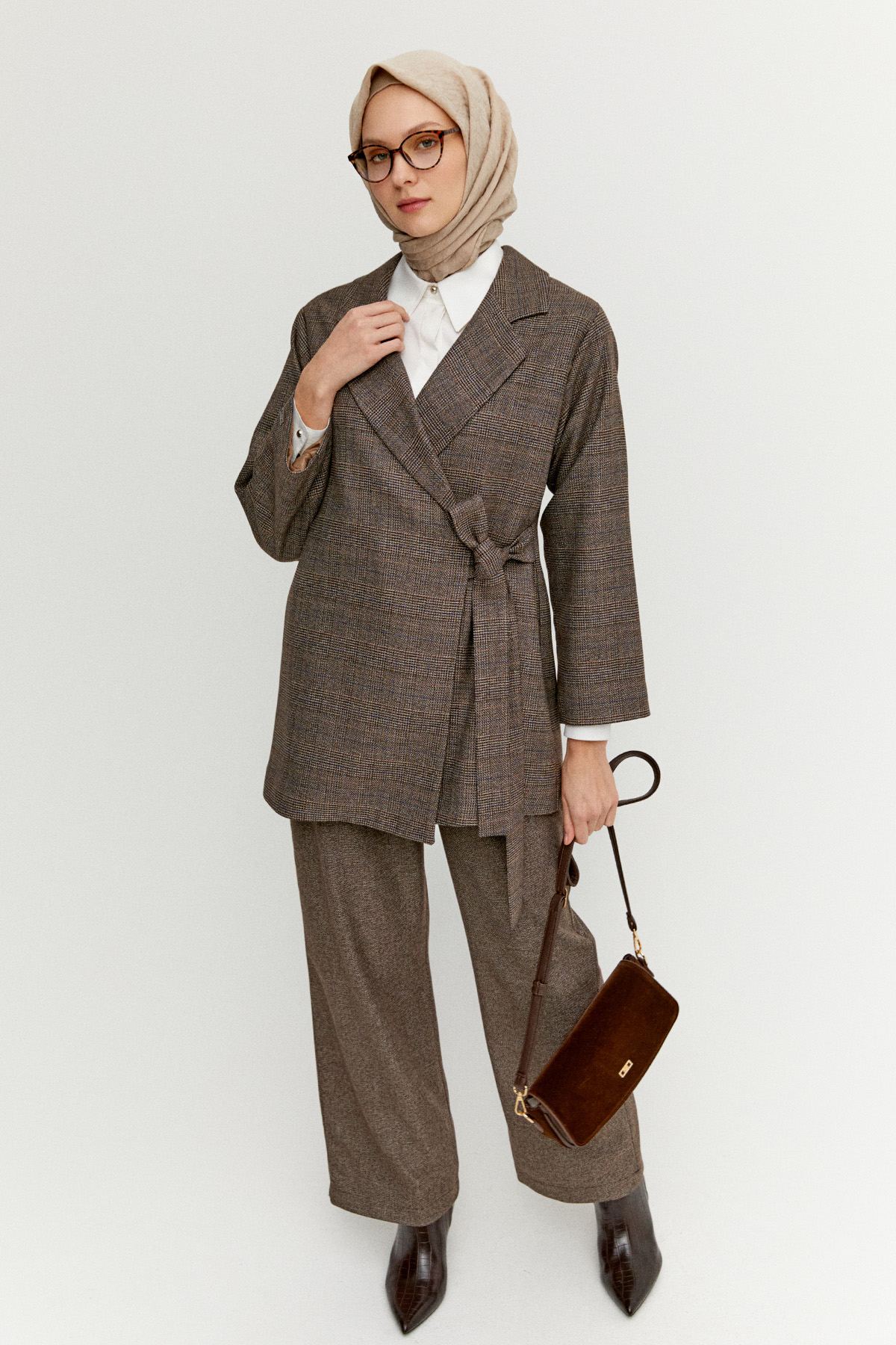 Kruvaze Kuşaklı Ekose İkili Takım, Tesettür Giyim