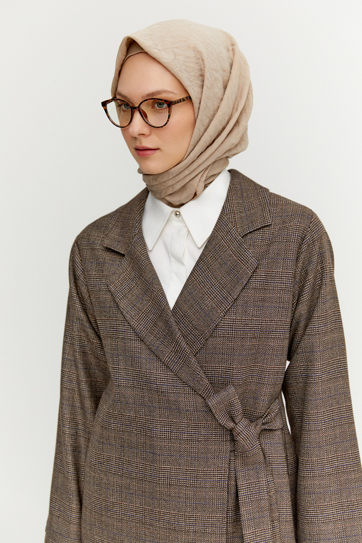 Kruvaze Kuşaklı Ekose İkili Takım, Tesettür Giyim