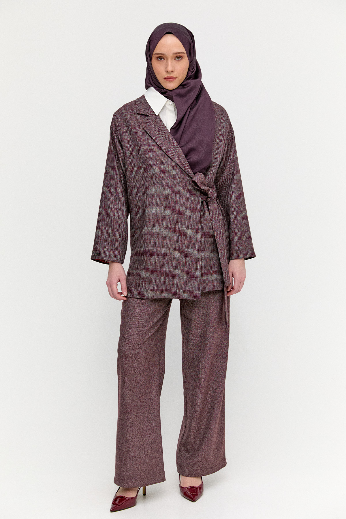 Kruvaze Kuşaklı Ekose İkili Takım, Tesettür Giyim