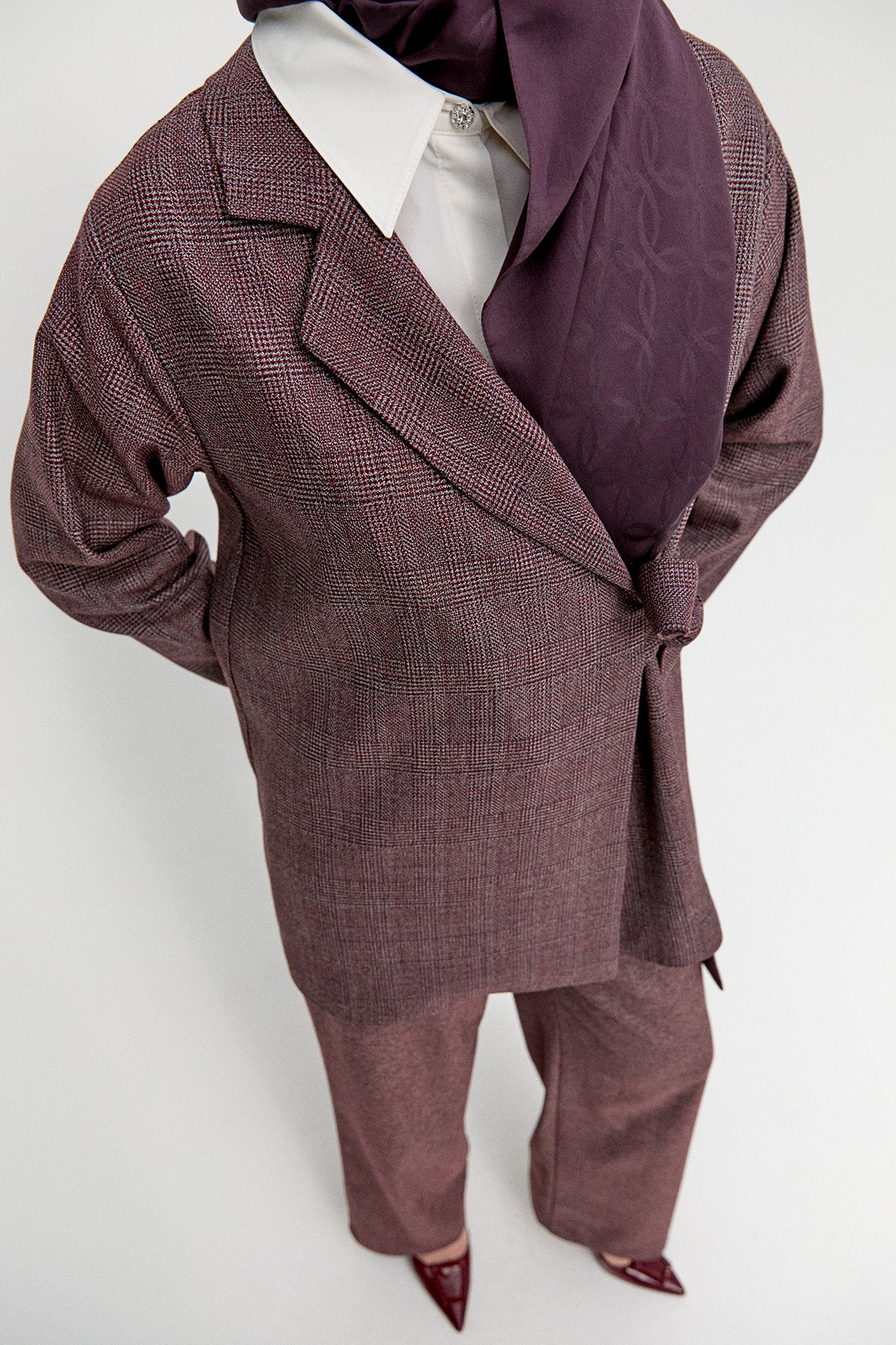 Kruvaze Kuşaklı Ekose İkili Takım, Tesettür Giyim