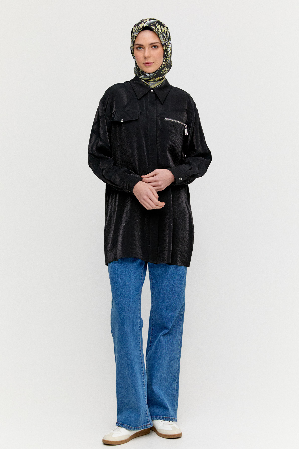 Desenli İlik Düğme Kapamalı Tunik, Tesettür Giyim