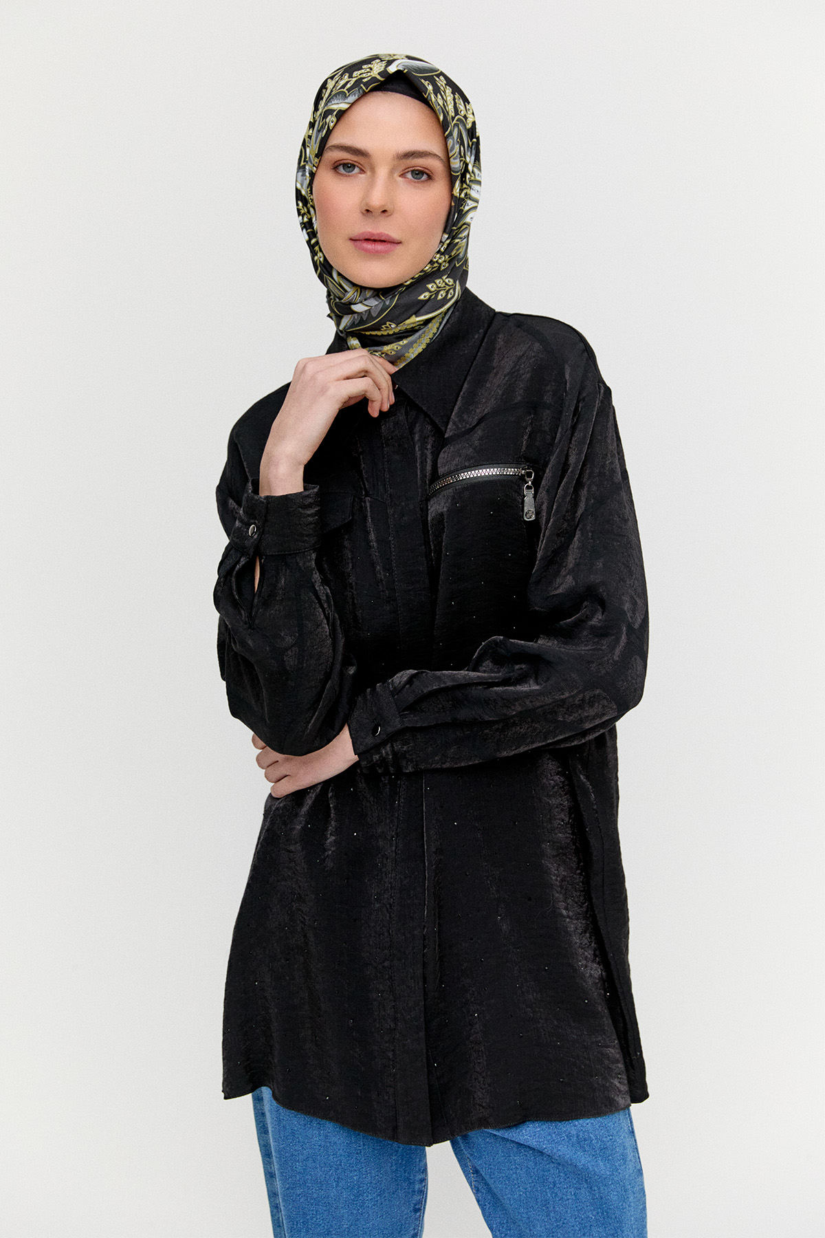 Desenli İlik Düğme Kapamalı Tunik, Tesettür Giyim