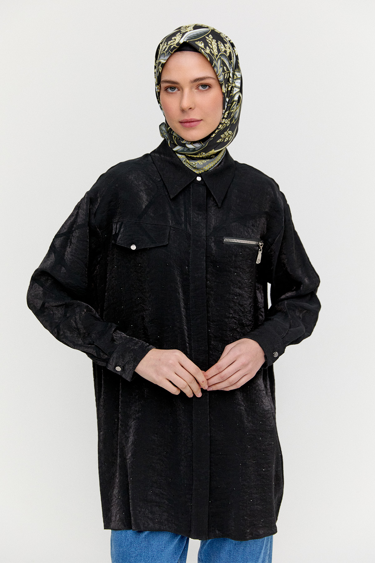 Desenli İlik Düğme Kapamalı Tunik, Tesettür Giyim