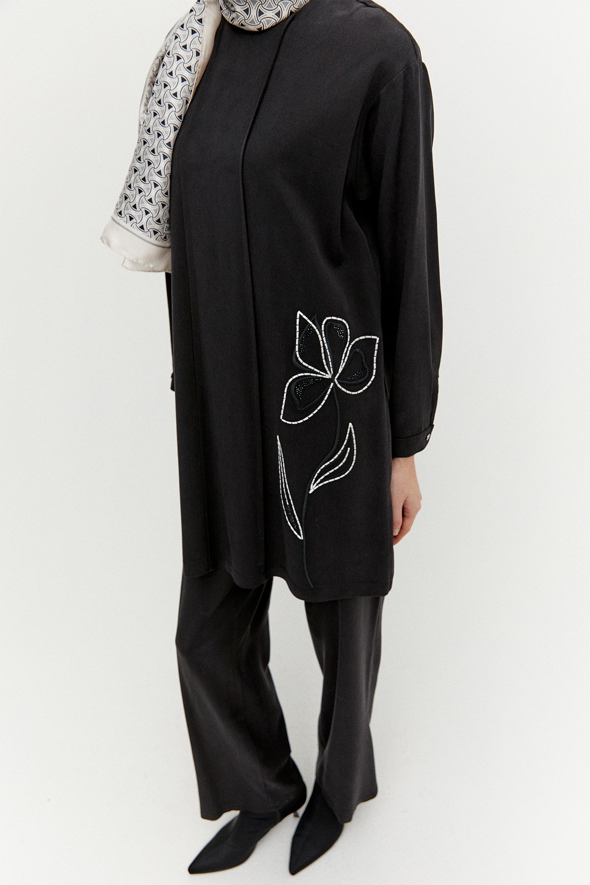 Çiçek Nakışlı Nervürlü İkili Takım, Tesettür Giyim